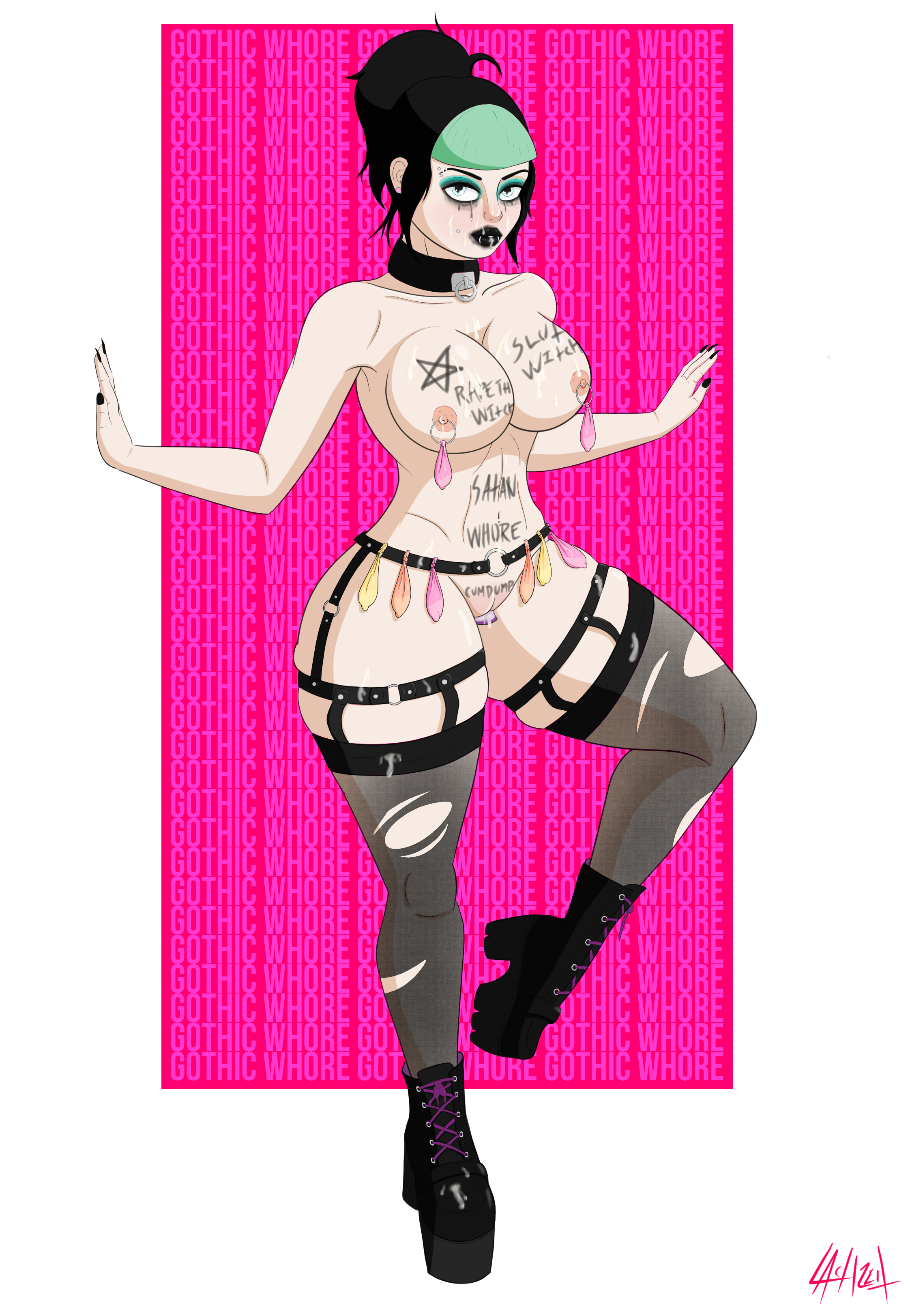 1girls, ass, big ass, big breasts, black hair, black legwear, black lips, black lipstick, body writing, boots, breasts, choker, collar, condom, condom accessories, condom belt, condom filling, condom on nipples, cum, cum in clothes, cum in mouth, cum in pussy, cum inside, cum on body, cum on breasts, cum on face, dildo, dildo in pussy, female, goth, gothic, green hair, lachzeit, makeup, naked, naked stockings, piercing, pinup, platform boots, punk, pussy, ruined makeup, stockings, straps, used condom, used condom tied on nipples, writing