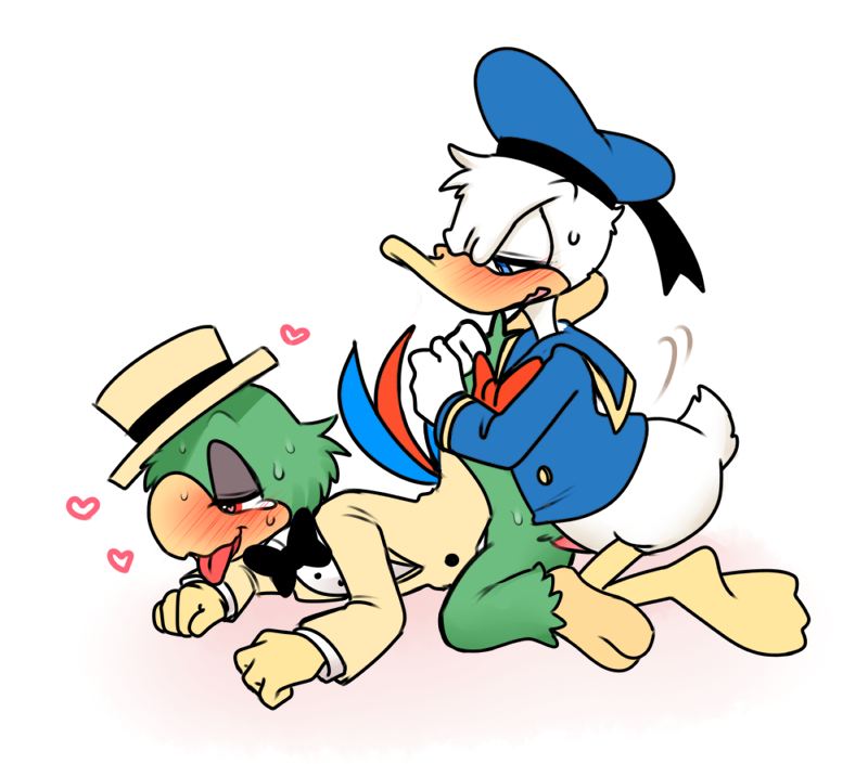 <3_eyes anatid animal_genitalia anseriform anthro avian bird blue_eyes blush bodily_fluids bottomless bow bow_tie cloaca cloacal cloacal_penetration clothed clothing disney donald_duck duck duo erection feathers from_behind_(disambiguation) gay genitals gloves half-closed_eyes handwear hat headgear headwear heart jacket jose_carioca kneeling leg_grab looking_pleasured lying male male/male male_only narrowed_eyes on_side open_mouth parrot penetration penis raised_leg red_eyes saludos_amigos sex sweat the_three_caballeros tongue tongue_out topwear zehn