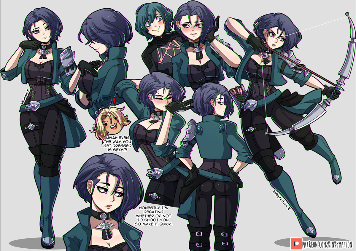1boy, 2girls, arrow, arrow (weapon), bow, bow (weapon), breasts, byleth (fire emblem), byleth (fire emblem) (male), catherine (fire emblem), clothing, collarbone, female, fire emblem, fire emblem: three houses, fully clothed, human, jacket, kinkymation, large breasts, male, nintendo, pale skin, purple eyes, purple hair, reference sheet, shamir nevrand, short hair, shoulder armor, tagme, weapon, wide hips