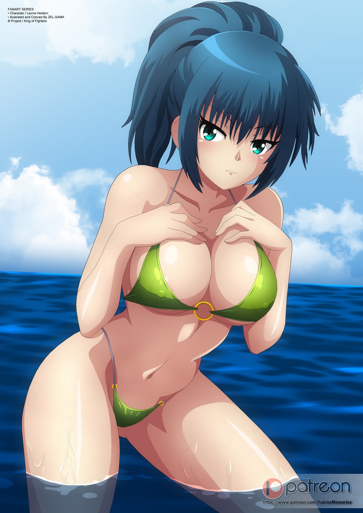 1girls, 2020, bikini, blue hair, blue-haired female, female, ikari warriors, king of fighters, leona heidern, nipples, snk, solo, water, zel-sama
