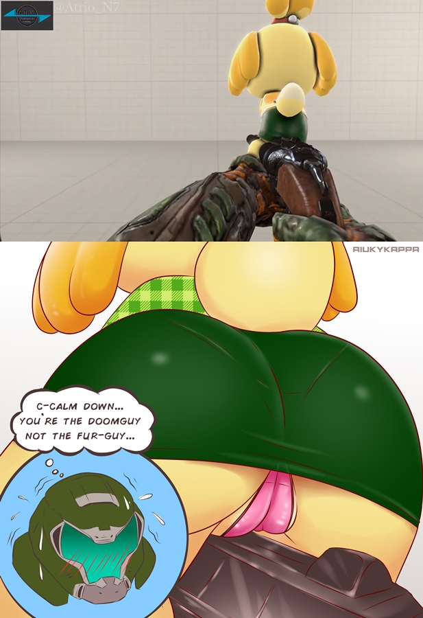 1boy 1girls animal_crossing anthro big_ass blush cameltoe clothed clothing color crossover dialogue doom doom_slayer_(doom) eastern_and_western_character embarrassed english_text female funny furry gun helmet isabelle_(animal_crossing) male meme nintendo panties pink_panties plaid pussy riukykappa shotgun sitting skirt source_filmmaker stretch_marks sweat sweatdrop tail text thought_bubble tight_clothing white_background wide_hips yellow_fur yellow_skin yellow_tail