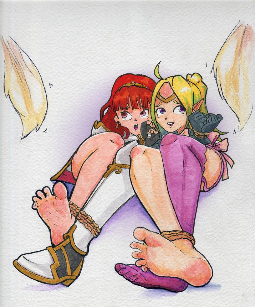 2girls barefoot boots bound celica_(fire_emblem) drclosure feathers feet feet_together female female_only fire_emblem fire_emblem_awakening fire_emblem_echoes:_shadows_of_valentia fire_emblem_gaiden handdrawn legwear marker_(medium) multiple_girls nintendo nowi_(fire_emblem) stockings tickle_torture tickling tied_up