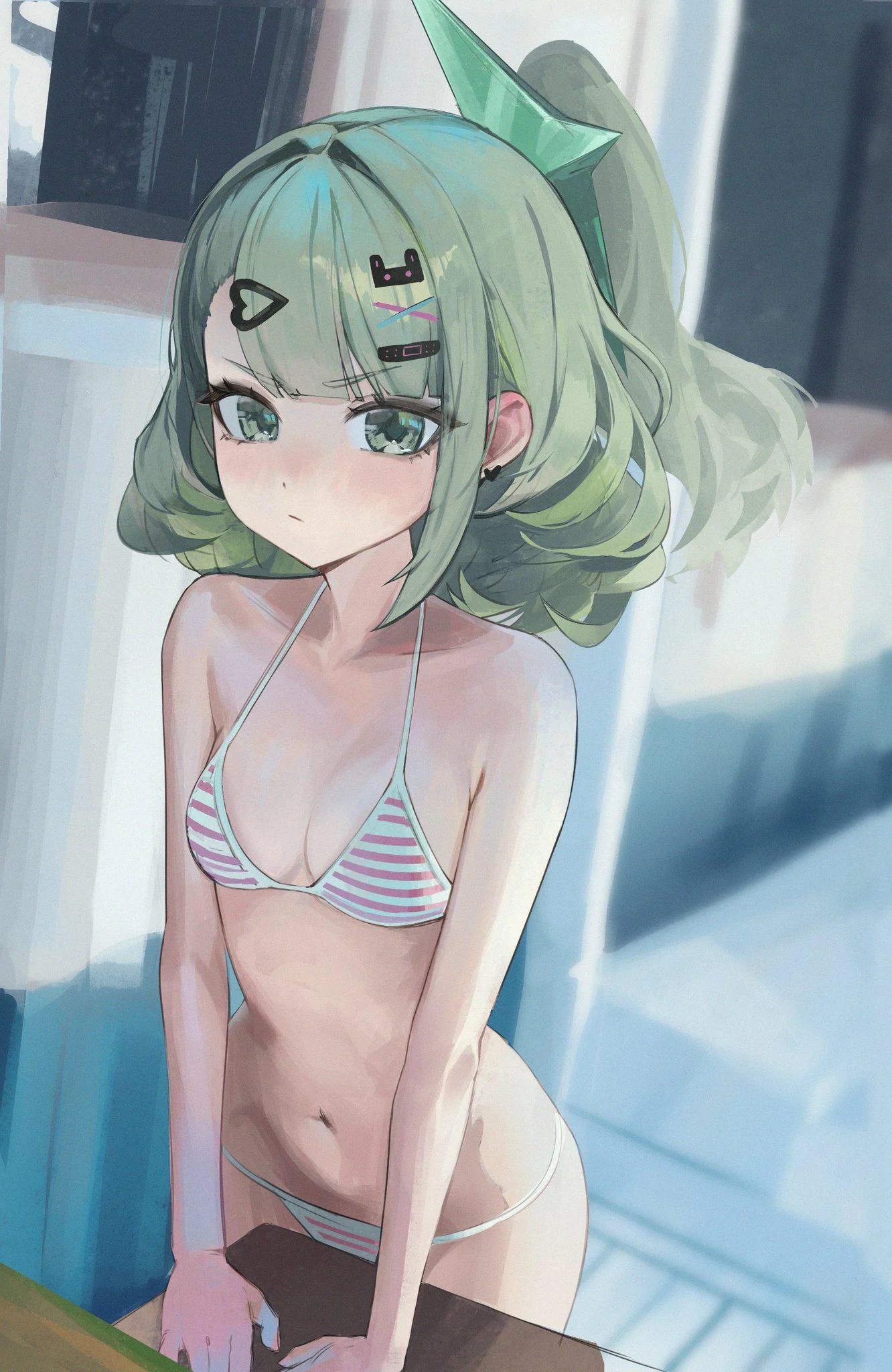 1girls, angels of delusion, artist request, bikini, female, female focus, female only, green eyes, green hair, highres, long hair, looking at viewer, pale skin, pale-skinned female, side ponytail, side view, small breasts, striped bikini, sunna (zenless zone zero), swimsuit, younger female, zenless zone zero