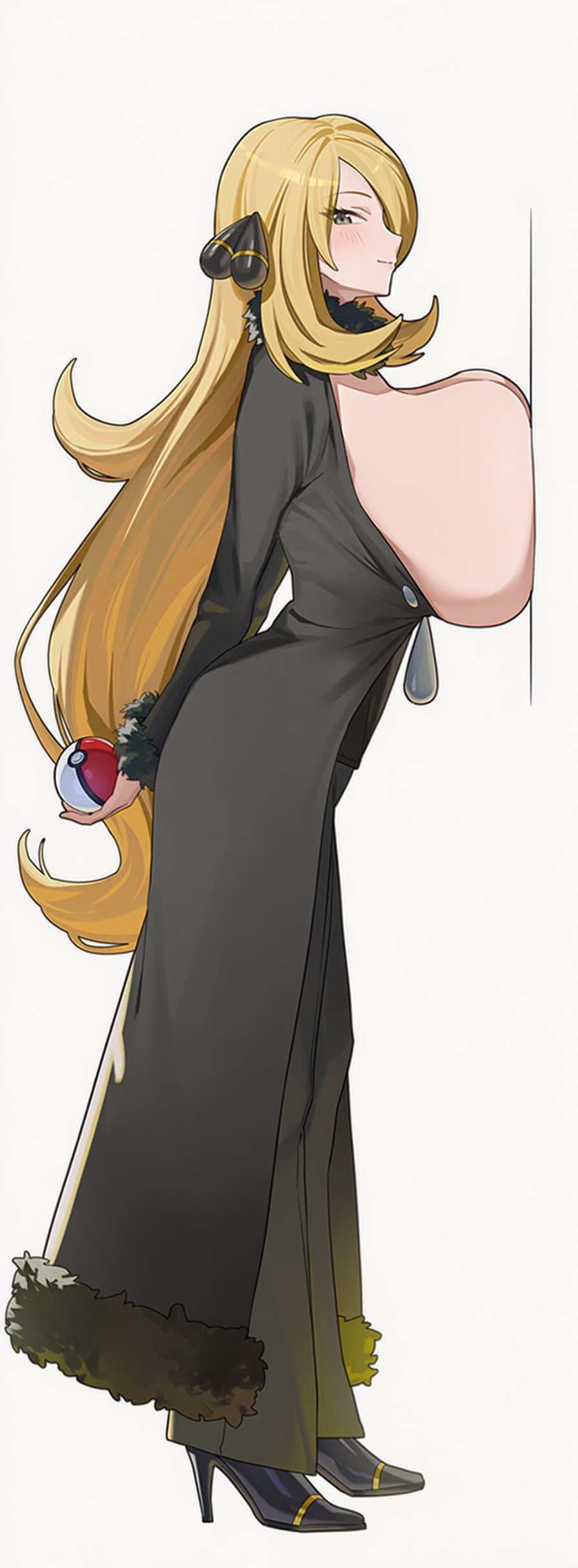 1girls, against wall, ai generated, big breasts, circle ueponzu, cynthia (pokemon), female, game freak, high heels, human, large breasts, nintendo, poke ball, pokemon
