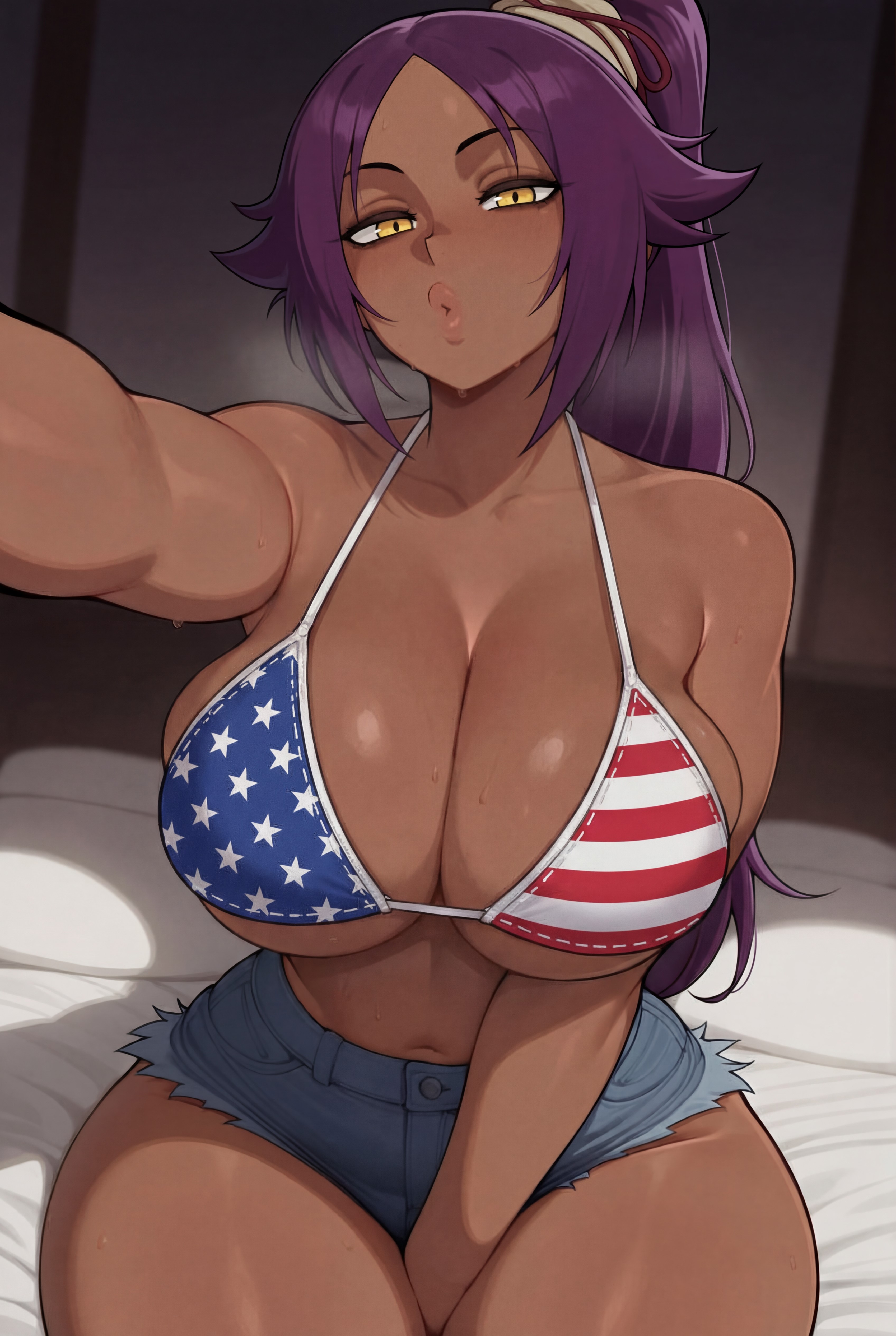 1girls, ai generated, alternate version available, american flag bikini, bedroom, big breasts, bikini, bleach, breasts, dark skin, dark skinned, dark skinned female, large breasts, looking at viewer, pony tail, purple eyes, shihouin yoruichi, shorts, showing, showing off, tagme, underboob, yellow eyes, yoruichi shihouin