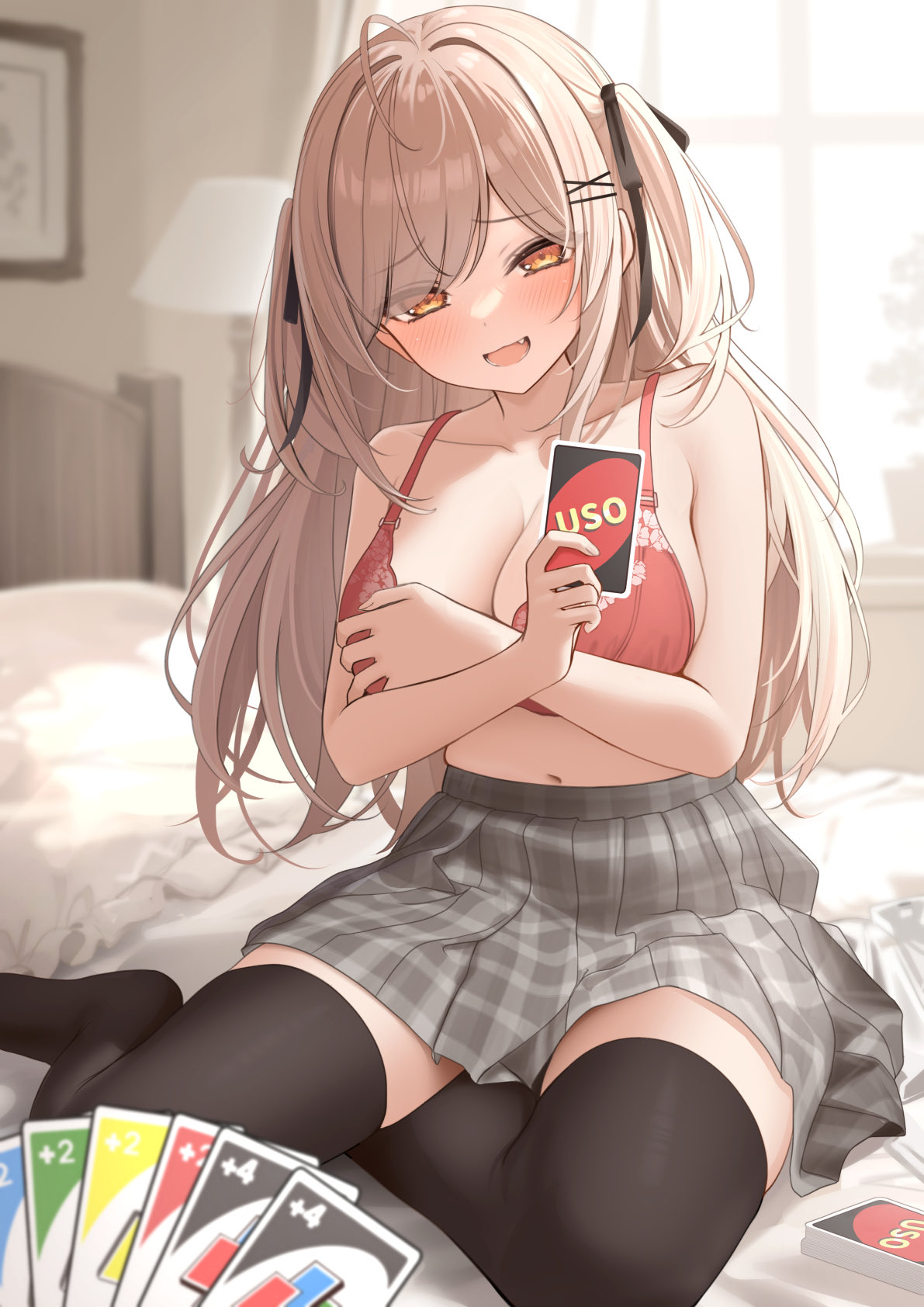 blush, embarrassed, fang, imouto-chan (monaka curl), large breasts, lingerie, lingerie bra, mesugaki, monaka curl, nervous smile, original, original character, plaid skirt, playing card, pleated skirt, red bra, shy, smile, strip poker, thighhighs, uno, uno card