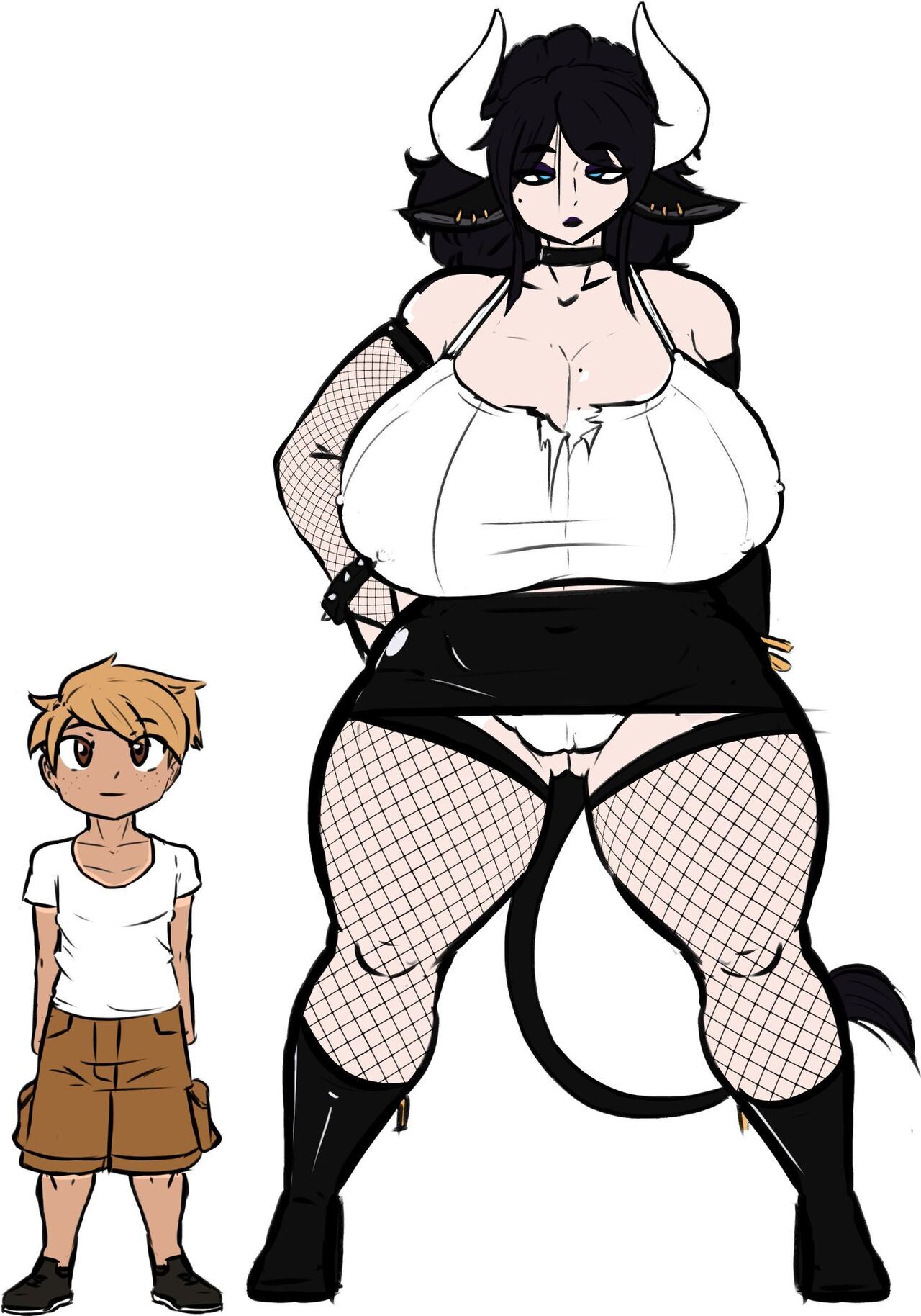 bigger female, cow girl, cow horns, fishnets, gokusenpai, goth, goth girl, hyper breasts, larger female, mini giantess, pale skin, pale-skinned female, size difference, smaller male, taller female, tanline