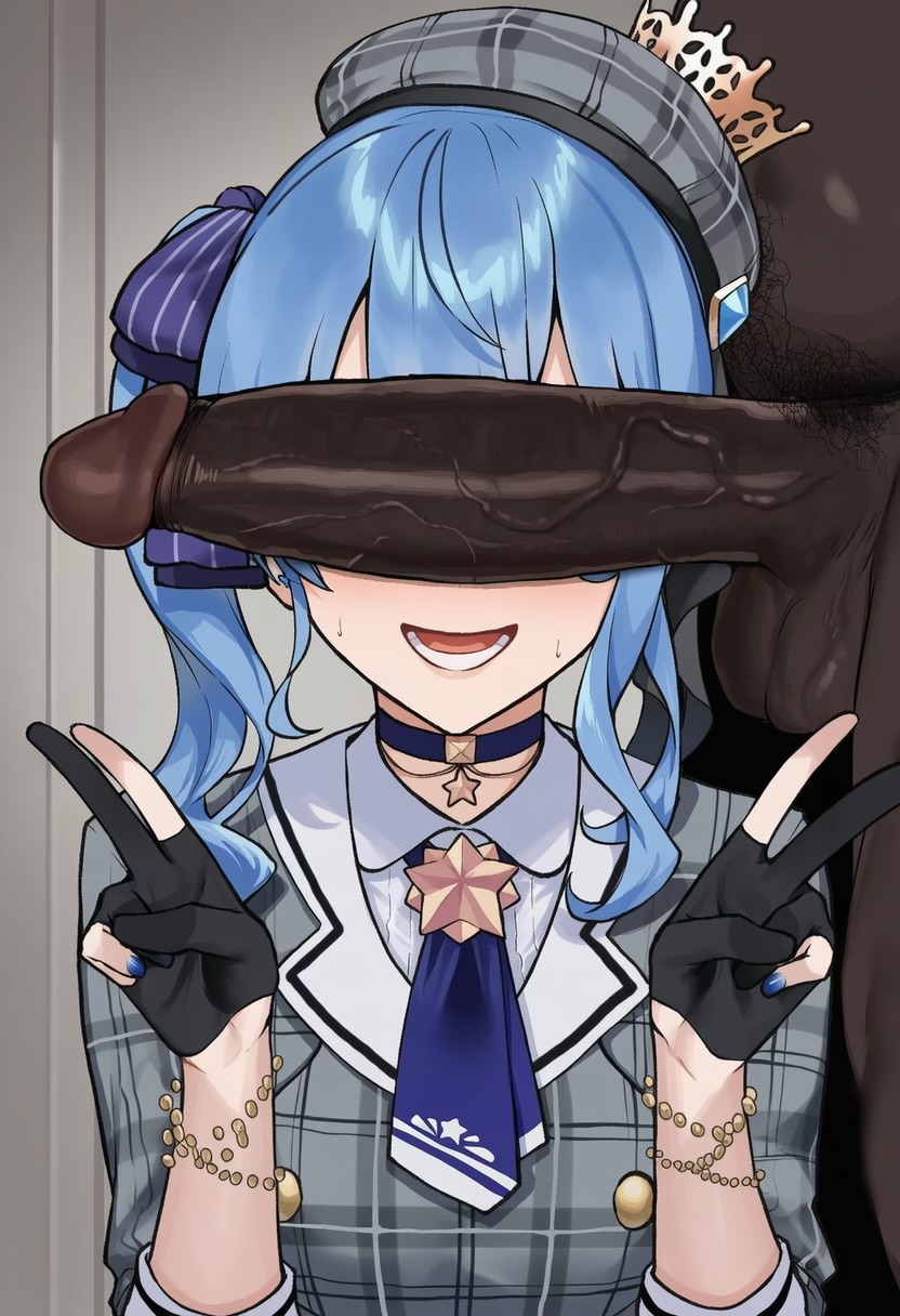 1boy, 1boy1girl, 1girls, ai generated, blue hair, cap, dark-skinned male, facing viewer, fat male, girthy penis, hairy male, hetero, hololive, hololive japan, hoshimachi suisei, idol, indoors, interracial, large penis, male pubic hair, male/female, netorare, ntr, open mouth, penis awe, penis over eyes, room, side ponytail, small breasts, smile, solo focus, teeth, testicles, uniform, upper body, veiny penis, virtual youtuber, waroffree