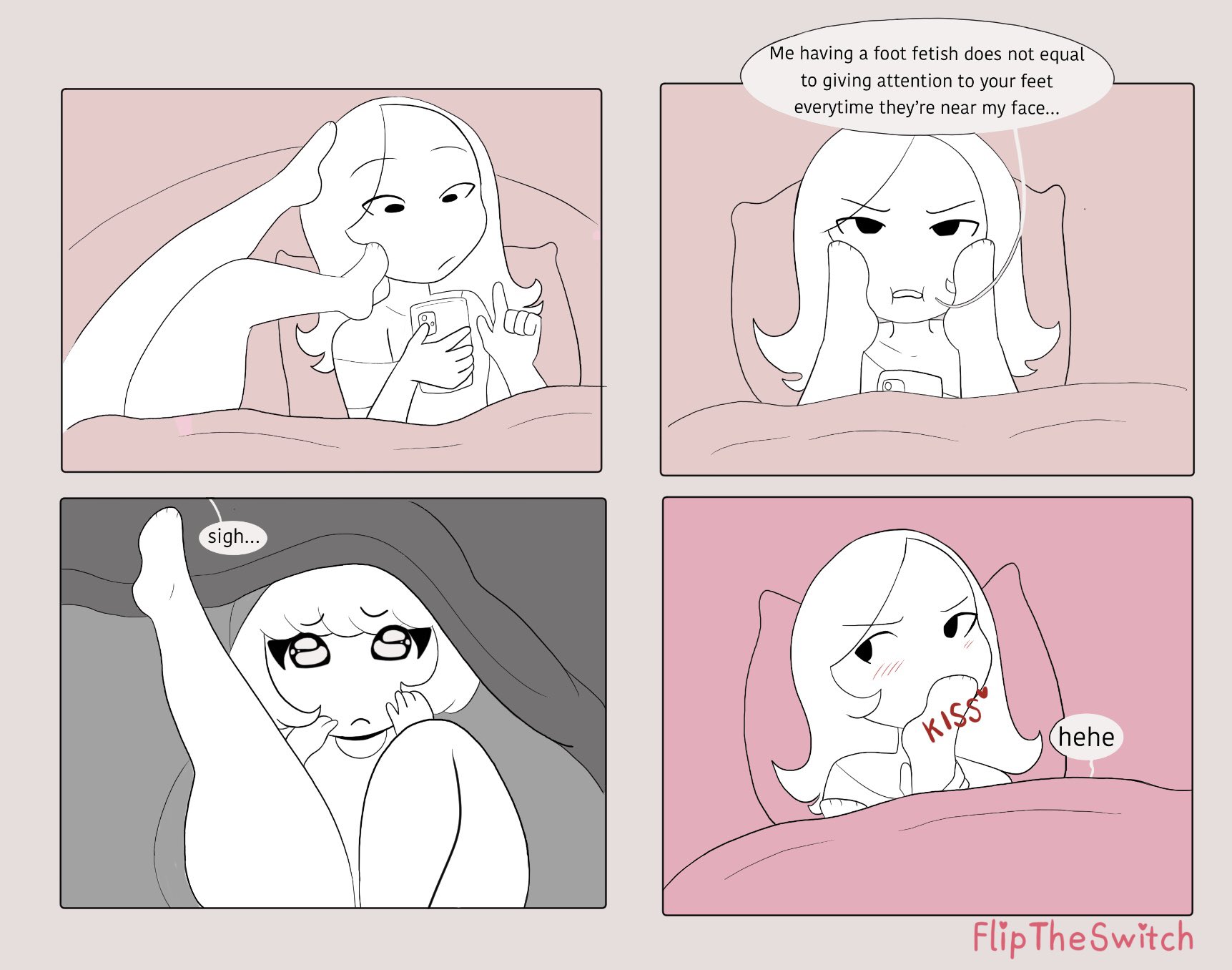 2girls, absurdres, adorable, artist request, barefoot, bed, bed sheet, blush, blushing, cellphone, chibi, cute, cute couple, cute face, cute female feet, dialogue, dialogue bubble, feet on another's face, feet on face, female focus, females only, foot fetish, foot fetish validation, foot focus, foot kiss, foot on face, foot play, foot worship, funny, goals, highres, kissing feet, kissing foot, loving couple, loving it, monochrome, oc, original characters, relationship goals, romantic, romantic couple, sad face, teasing, under sheets, wholesome, yuri
