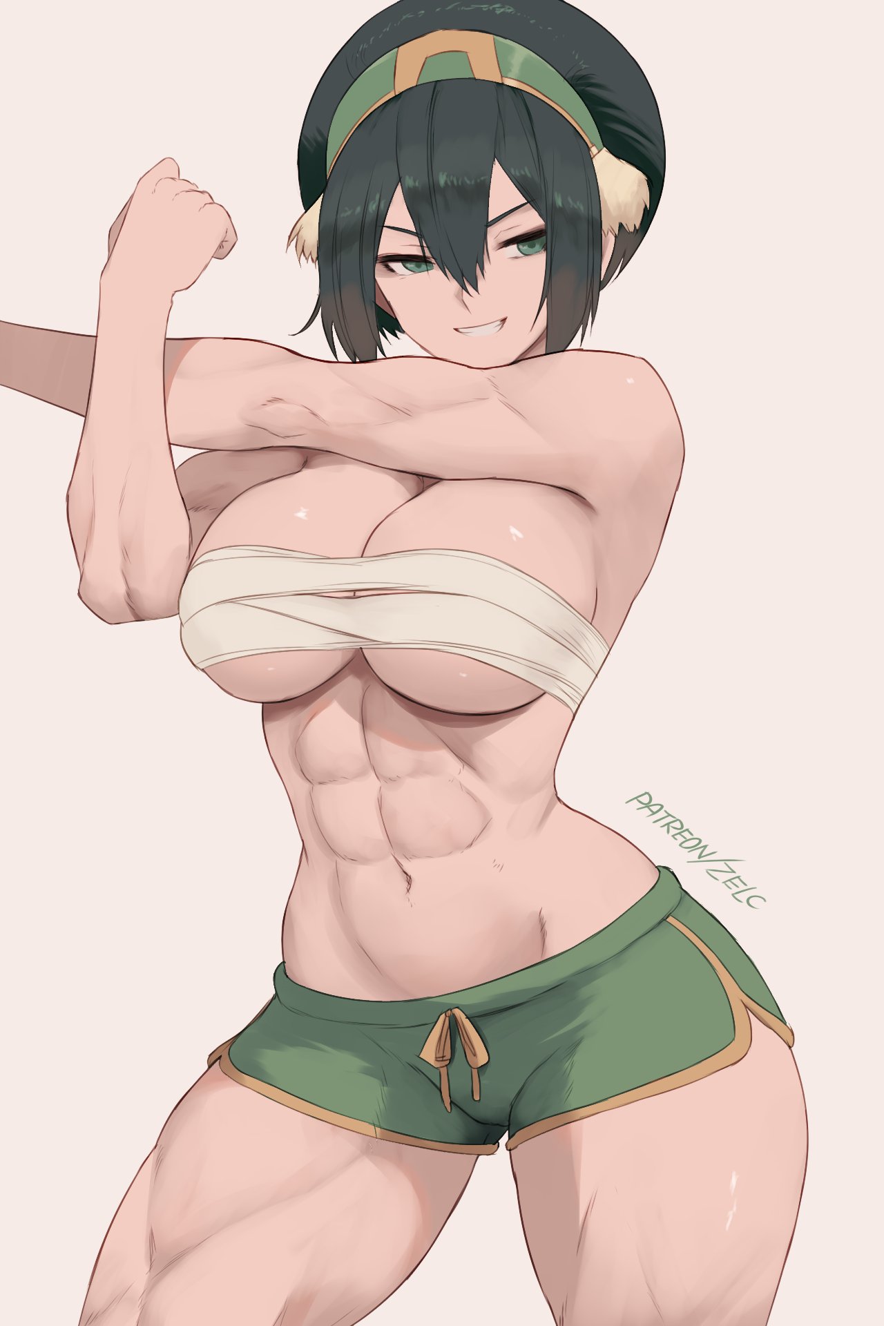 1girls, abs, avatar the last airbender, bandaged chest, big breasts, blind, bottomwear, breasts, cleavage, dark green hair, dolphin shorts, female, female only, green eyes, green shorts, hair, hips, muscles, muscular, muscular female, short hair, short shorts, shorts, smile, solo, solo female, stretching, the legend of aang, thick thighs, thighs, thunder thighs, toph bei fong, topwear, tubetop, white background, wide hips, zelc-face