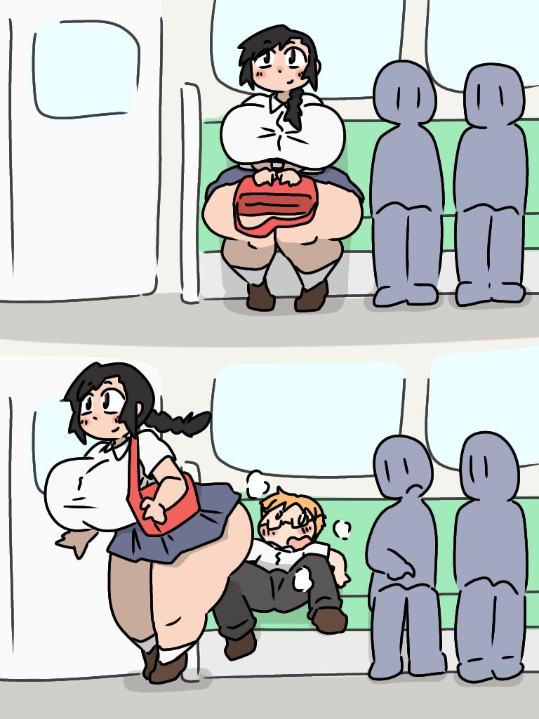 1girl, 3boys, artist request, ass, big ass, big breasts, black hair, breasts, human chair, larger female, sitting, sitting on person, skirt