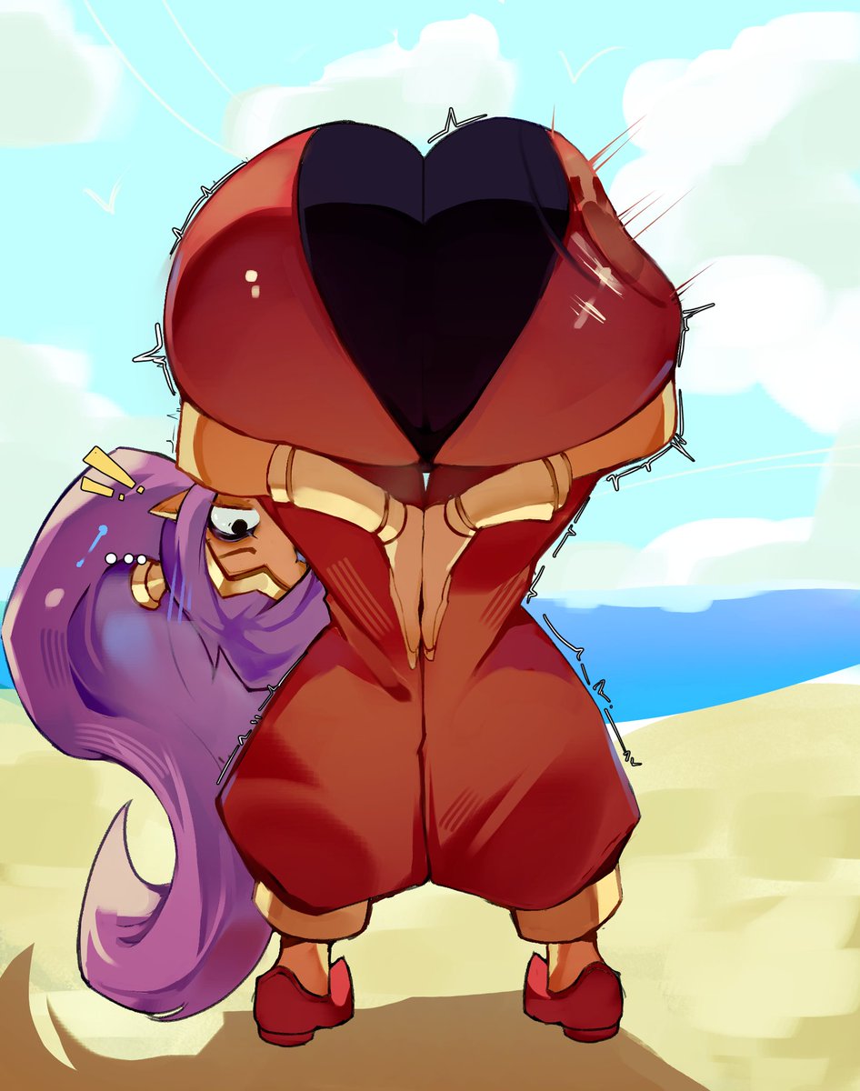 1girl, 1girls, amen pose, arabian clothes, arm around leg, ass, ass focus, bandeau, bent over, big ass, blue eyes, blue sky, breasts, cloud, dark skin, earrings, english text, frontbend, full body, harem pants, heart, hoop earrings, hoshoidk, huge ass, jewelry, long hair, pants, pointy ears, ponytail, praise da booty (meme), purple hair, red pants, shantae, shantae (character), shoes, sky, solo, spanking, spanking ass, tagme, tiara, very long hair