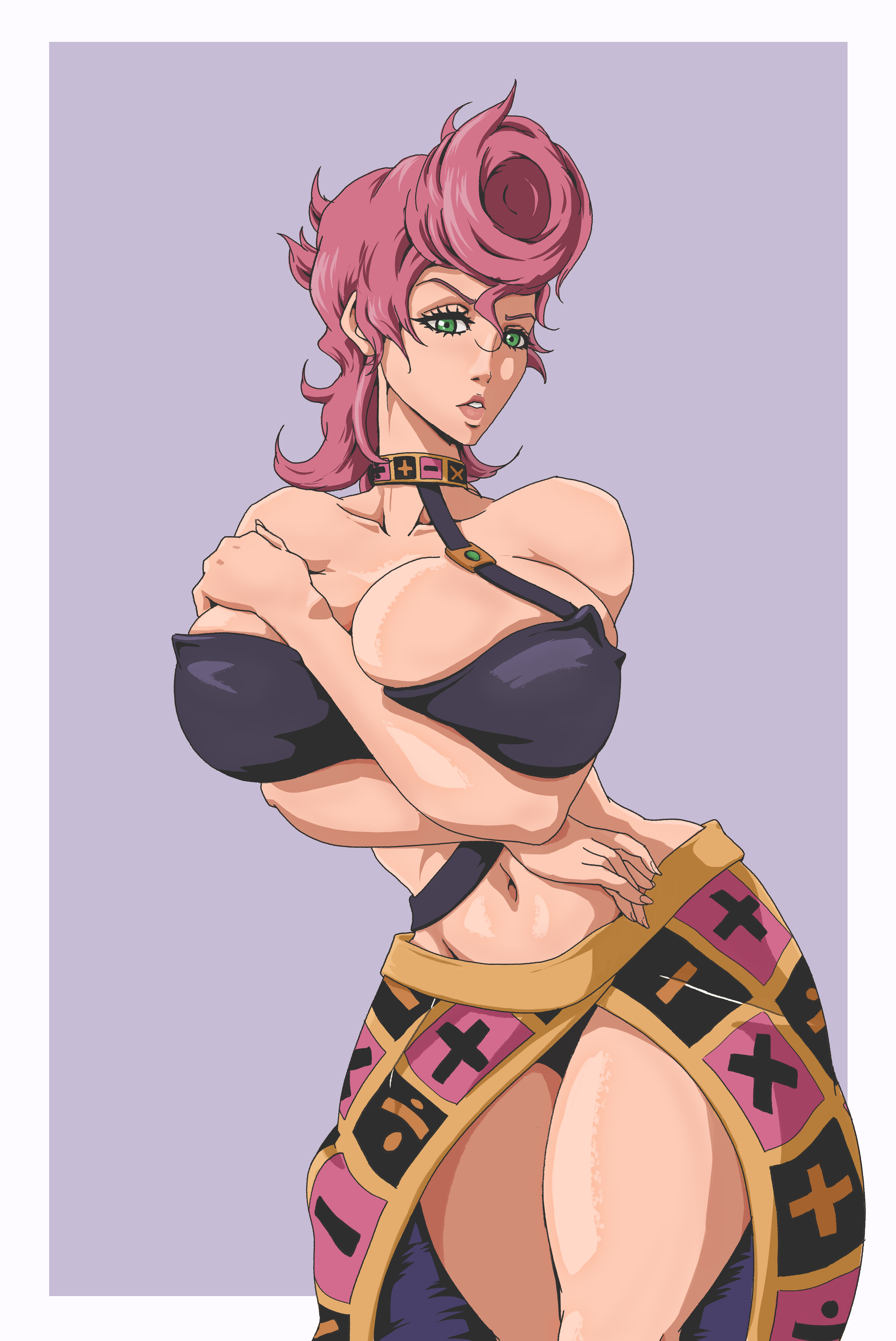 , 1girls, bare shoulders, belly, belly button, black panties, bra, bralette, breasts, choker, cleavage, covering, cowboy shot, curvaceous, curvy, dress, embarrassed, expressionless, female, female focus, female only, grabbing own breast, green eyes, groin, hiding breasts, huge breasts, jojo's bizarre adventure, large breasts, legs, midriff, navel, overflowing breasts, panties, panty peek, pantyshot, pink hair, short hair, skimpy clothes, skindentation, skirt, solo, solo focus, stomach, thighs, trish una, undersized clothes, vento aureo, wanderagro893, wide hips