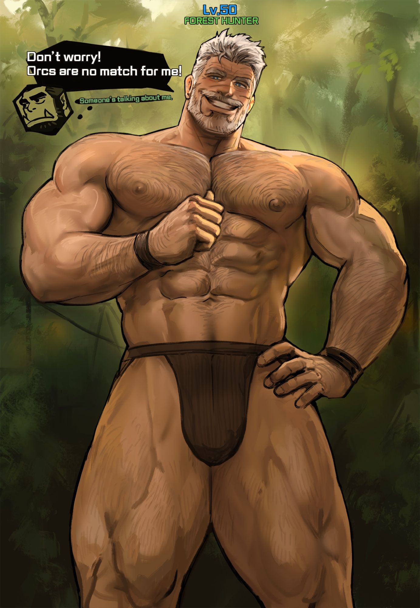 1boy, abs, bara, bara tits, beard, big muscles, big pecs, big thighs, blue eyes, body hair, brown fundoshi, brown hair, brown thong, bulge, chest hair, daddy, dialogue, dilf, dopq, english dialogue, english text, facial hair, fangs, fundoshi, fundoshi only, green skin, hairy, hairy abs, hairy arms, hairy chest, hairy hands, hairy male, hairy shoulders, hairy thighs, hand on hip, happy trail, huge thighs, human, male, male focus, male only, masculine male, mature, mature male, muscles, muscular, muscular chest, muscular male, muscular shoulders, muscular thighs, nipples, orc, orc male, outdoors, outside, pecs, pectorals, six pack, smile, smiling, solo focus, standing, sunlight, teeth, text, thick eyebrows, thick thighs, thong, thong only, veiny biceps, veiny muscles, white hair, wristband