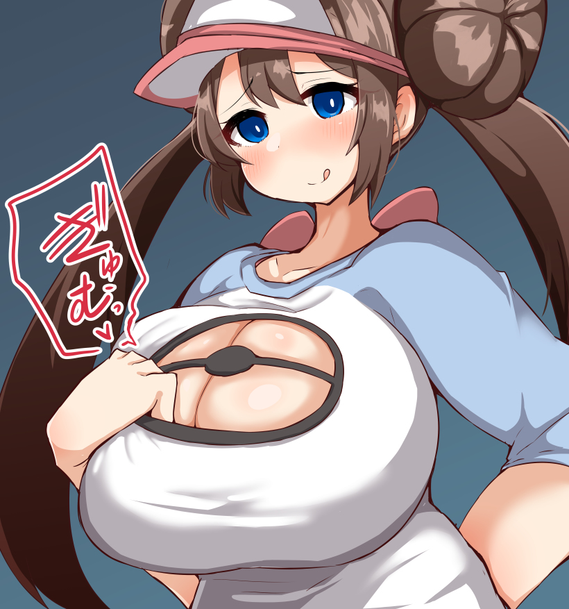 1girls :p alternate_breast_size blue_eyes blush breasts brown_hair cleavage cleavage_cutout detritus eye_contact female_only half-closed_eyes hat human long_hair looking_at_viewer nintendo petronoise pokemon pokemon_bw2 rosa_(pokemon) shirt smile solo source_request sweat text tongue tongue_out twintails visor_cap