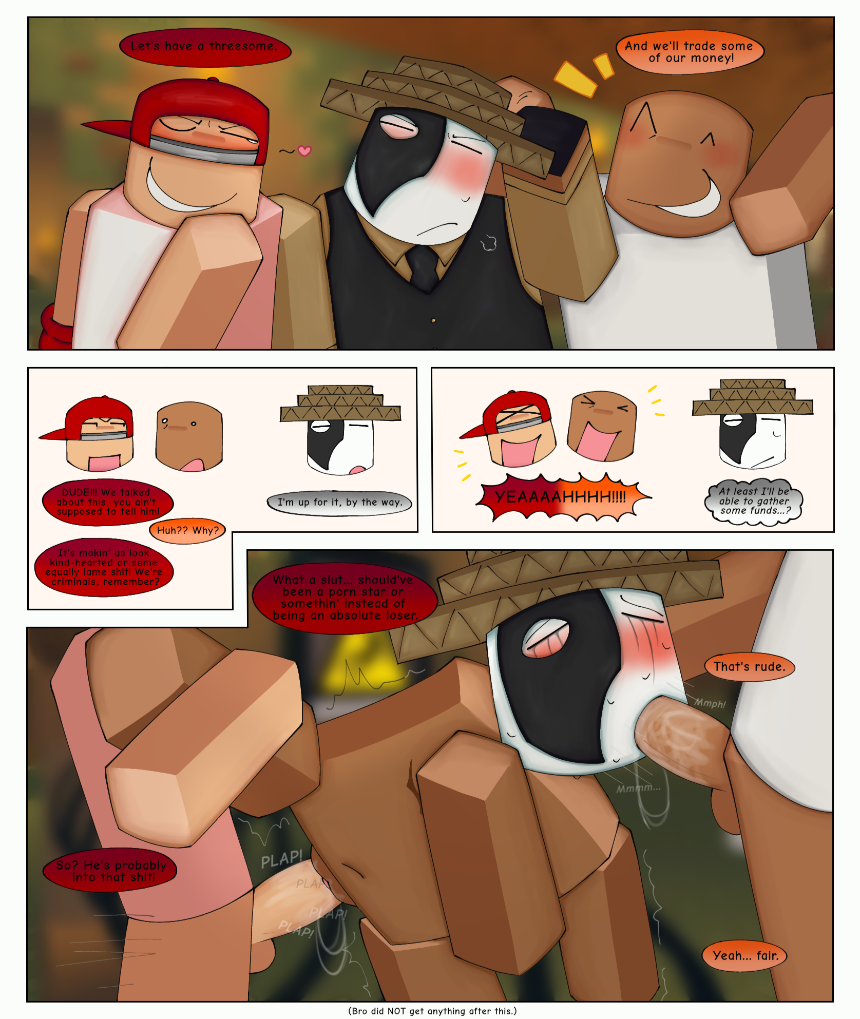 1boy, 2others, ambiguous gender, artful (die of death), artless (live of life), balls, blocky body, blurry background, blush, chezburger (live of life), comic, consensual, degradation, dialogue, die of death (roblox), english text, fellatio, heart, hotdog (die of death), live of life (roblox), makeup running, mascara tears, motion lines, nude, one page comic, onomatopoeia, penis, plap, precum drip, precum on penis, pussy, roblox, roblox game, robloxian, self upload, shaking lines, speech bubble, spitroast, sweat, taunt (die of death), taunt (live of life), tauntxp, text, top surgery scars, transgender male, transmasc, vaginal penetration