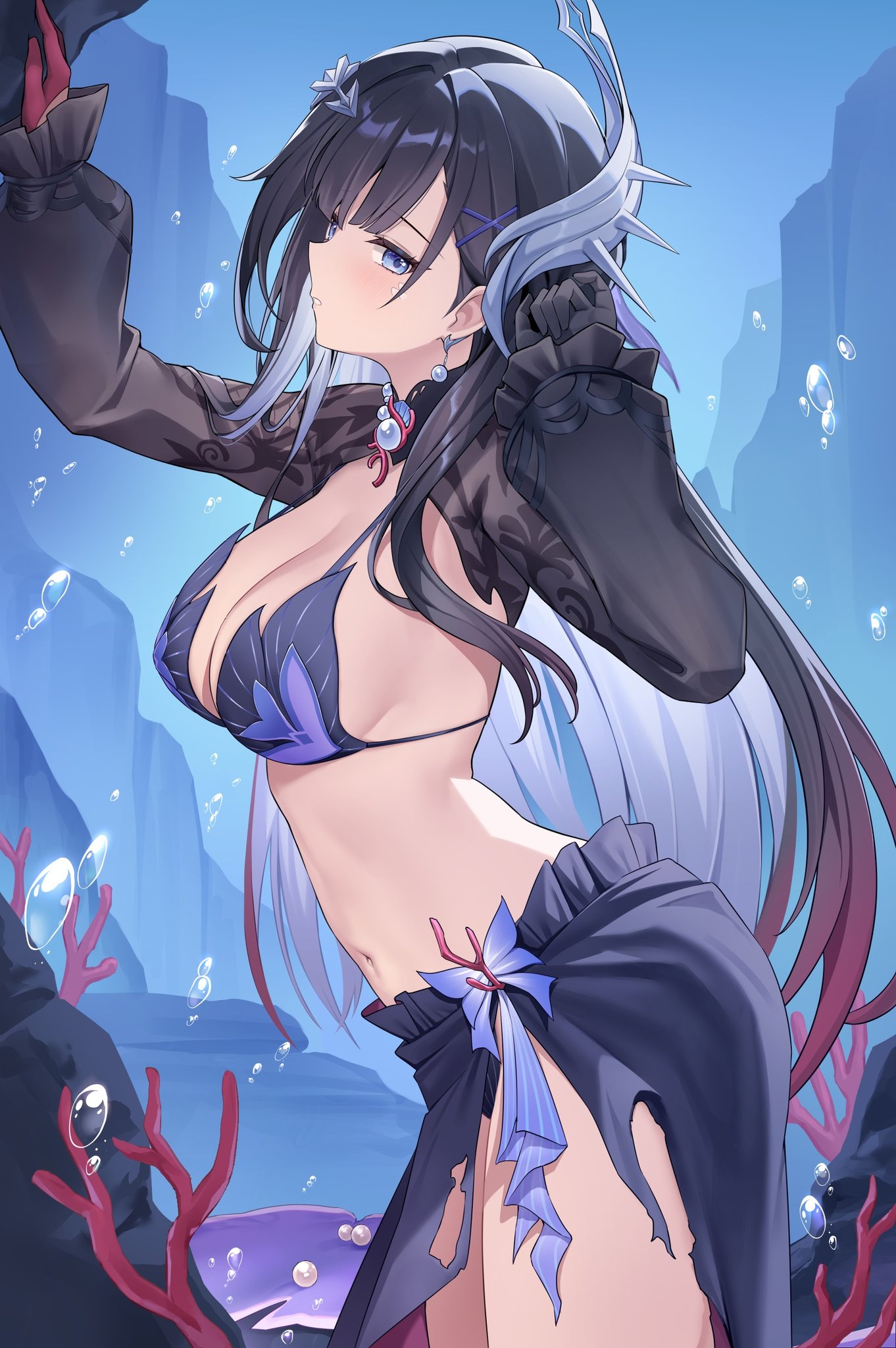 1girls, black hair, black swimsuit, breasts, female, honkai (series), honkai: star rail, hoyoverse, hysilens (honkai: star rail), long hair, lunacle, mihoyo, purple eyes, sideboob, swimsuit, underwater, very long hair