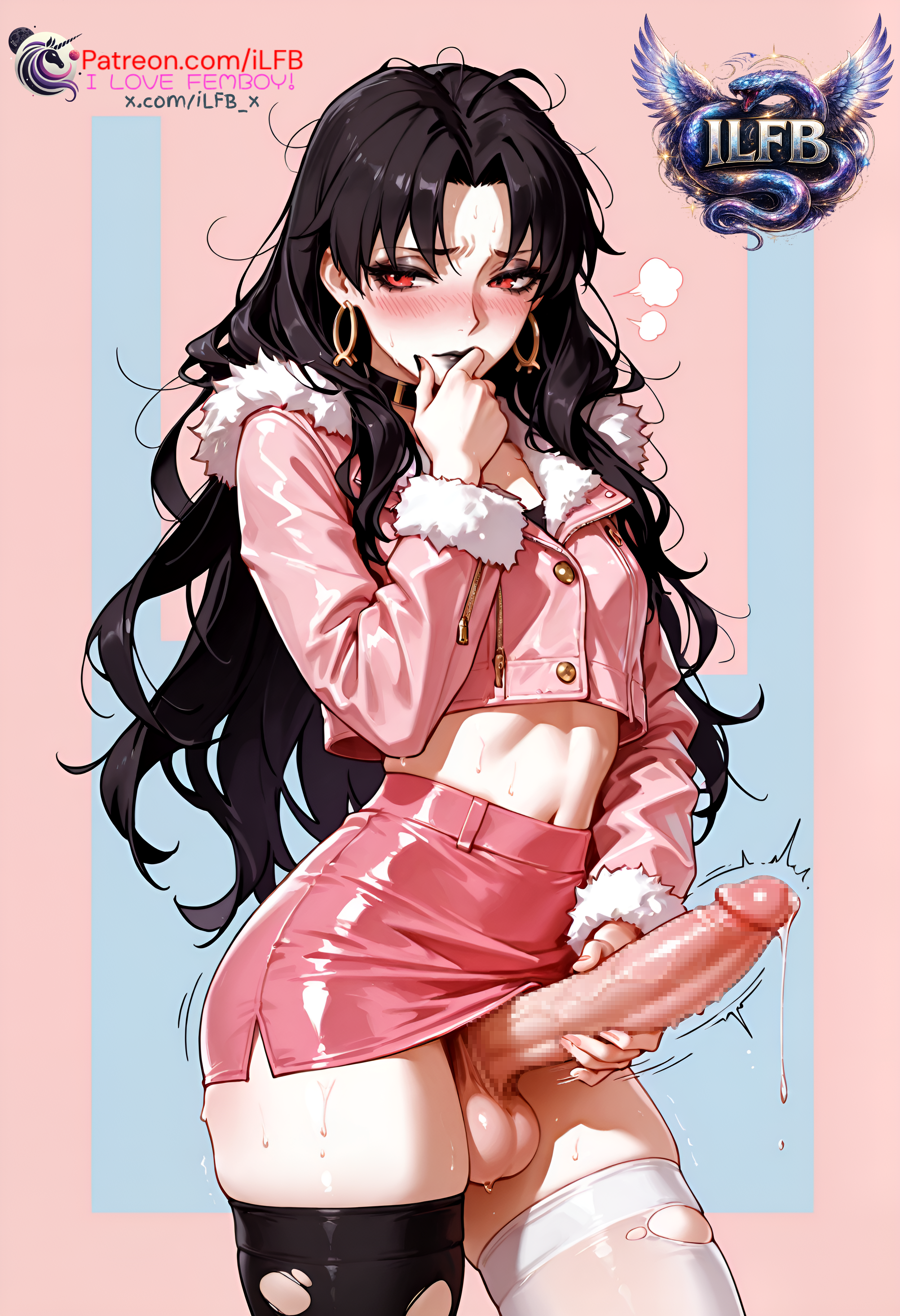 1boy, ai generated, balls, black hair, blush, choker, ear piercing, earrings, embarrassed, fate (series), fate/grand order, femboy, flat chest, genderswap, genderswap (ftm), goth, goth girl, gothic, high resolution, highres, ilfb, ishtar (fate), light-skinned male, long hair, male, male only, more at source, original, otoko no ko, penis, red eyes, rule 63, rule63, shy, simple background, skirt, skirt lift, skirt up, solo, solo focus, standing, steam, steaming body, testicles, thick thighs, thighhighs, thighs, trap