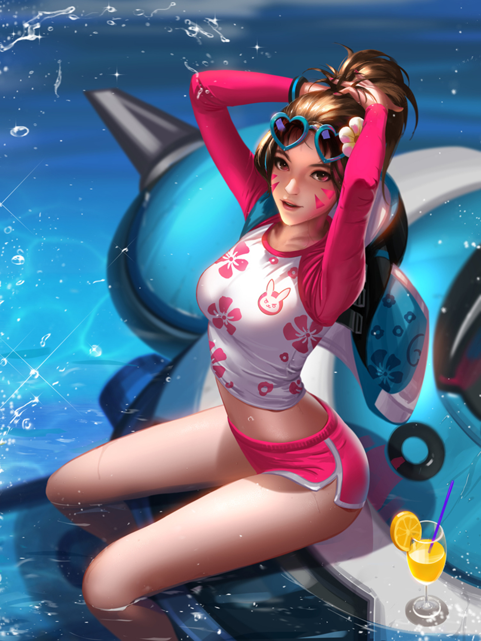 1girls, d.va, female, highres, liang xing, meka, overwatch, solo female, solo focus, sunglasses, sunglasses on head, swimming trunks, tokki (overwatch), waveracer d.va