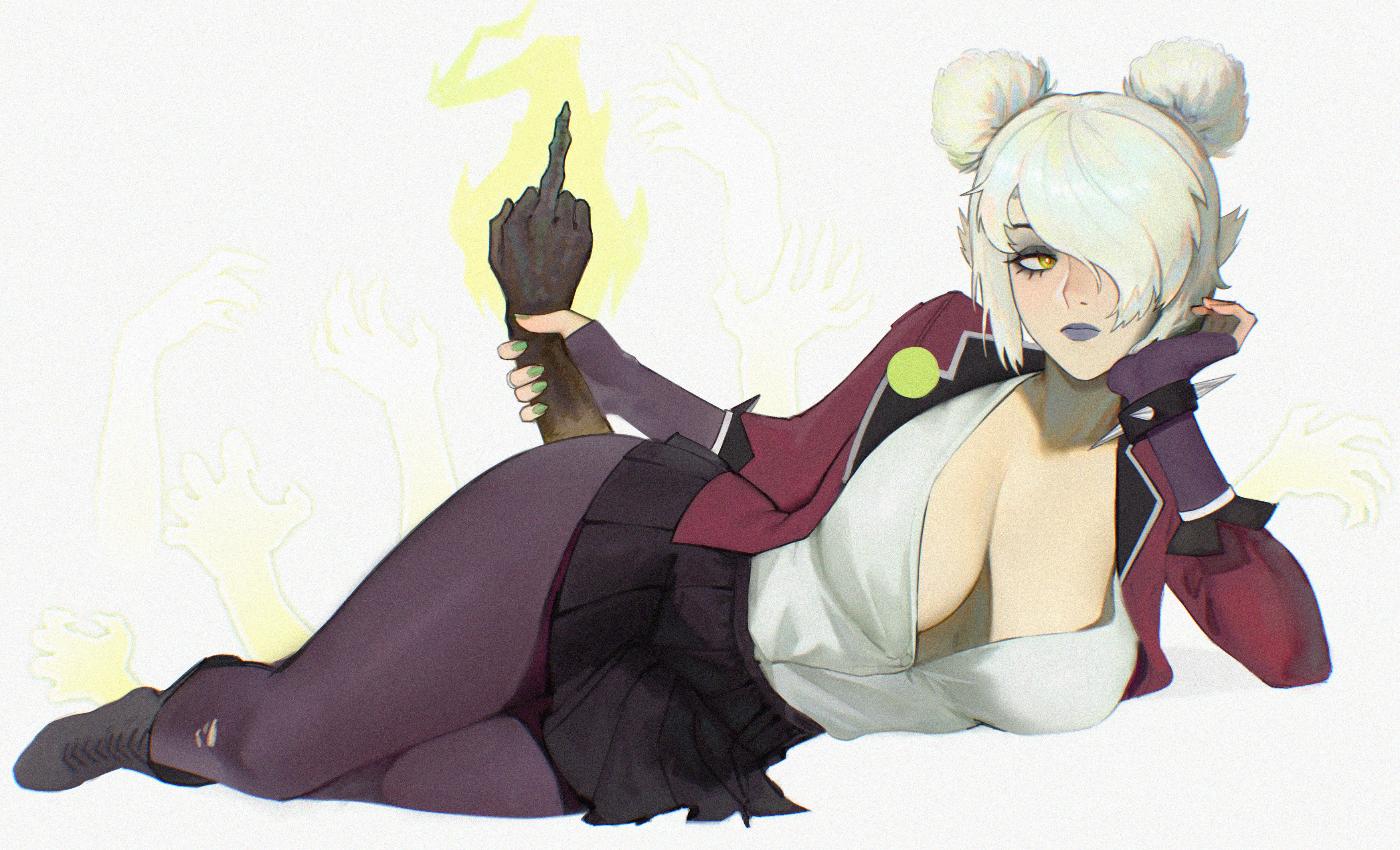 1girls, alternate breast size, big breasts, blush, blushing, breasts, cleavage, clothed, clothing, deadlock, female, female only, graves (deadlock), hair bun, hourglass figure, huge breasts, large breasts, lipstick, lying, middle finger, pplord, school uniform, schoolgirl, short hair, short skirt, skirt, slim waist, solo, solo female, thick, thick thighs, thighs, twin buns, valve, voluptuous, voluptuous female, white hair, wide hips, yellow eyes