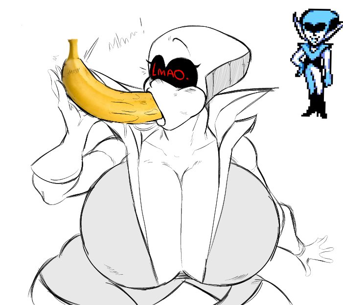 banana, big boobs, big breasts, blowjob, blowjob gesture, boob window, cheek bulge, deltarune, deltarune chapter 2, huge breasts, inanimate object, large breasts, lmao, pegaka (artist), queen (deltarune), realistic, reference image