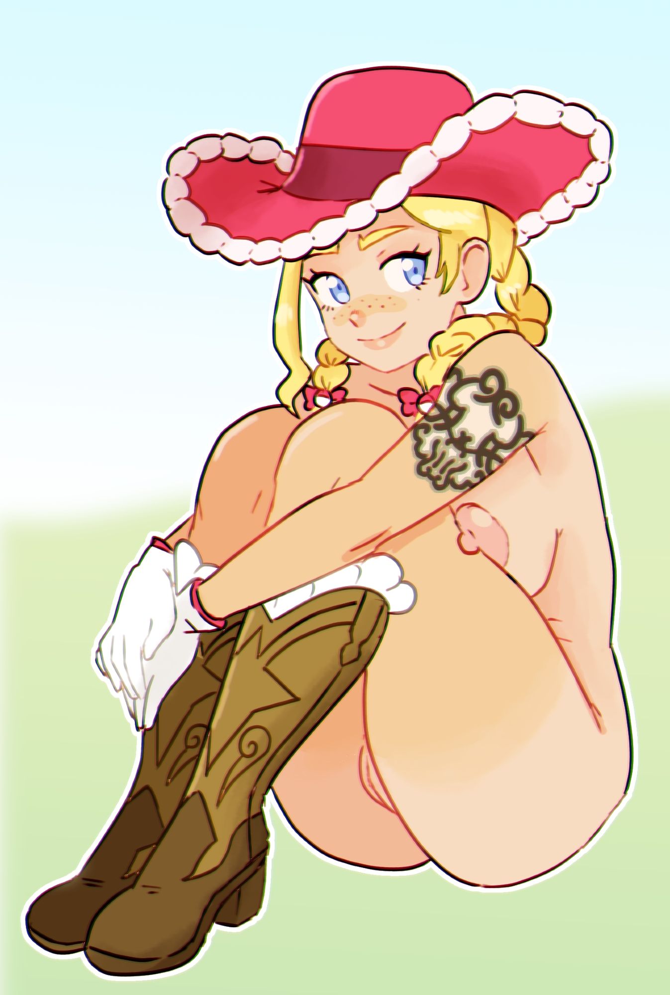 1girls, ass, big breasts, blonde hair, blue eyes, bobcheez, bows, braids, breasts, cowboy boots, cowboy hat, cowgirl, cute, female, freckles, gloves, highres, hugging knees, kitt (pokemon), looking away, naked footwear, nipples, nude, pokemon, pokemon champions, pussy, pussy lips, pussy peek, rucola (pokemon), shaved pussy, simple background, sitting, smile, tattoo, thick thighs, vulva