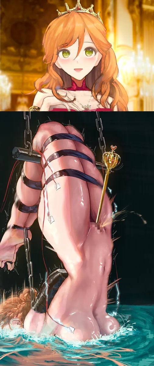 1girl, absurdres, ahegao, artist request, bondage, chains, creampie, crown, cum drip, defeated, drowning, electrostimulation, green eyes, highres, humiliation, immersion, long hair, orange hair, original, princess, spread legs, suspended, tagme, torn clothes, torture, upside down, water