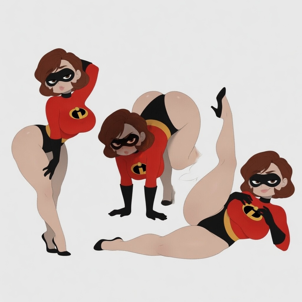3girls, big breasts, different angle, elastigirl, female, female only, godilovebutts, helen parr, large breasts, looking at viewer, seductive, seductive look, tagme, the incredibles, thick thighs