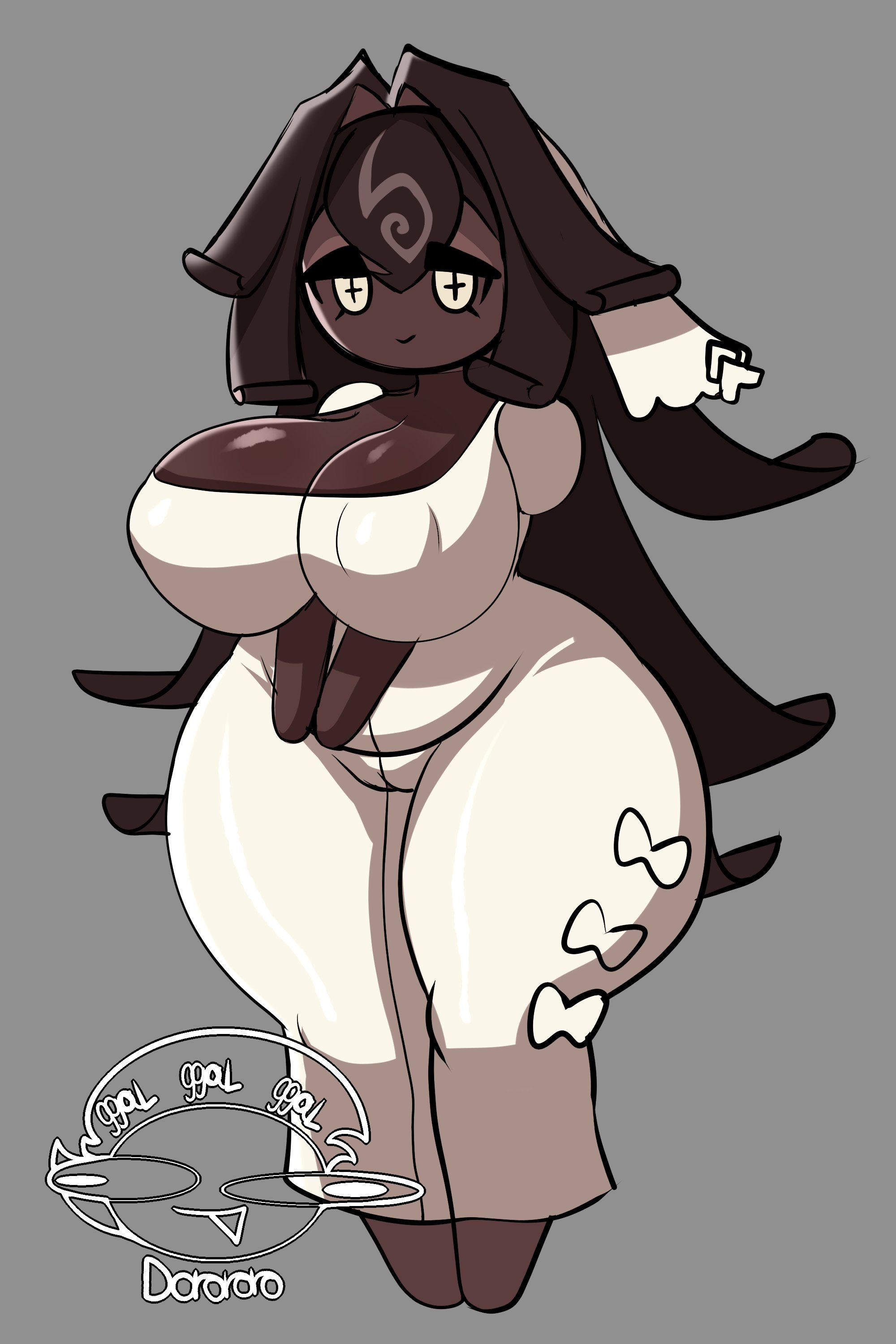 1girls, artist logo, artist name, artist signature, barefoot, black forest cookie, breasts, child bearing hips, cleavage, clothed, cookie run, cookie run kingdom, da ra ra ra, dark-skinned female, large breasts, navel, nipple bulge, simple background, standing, thick thighs, veil, wedding dress
