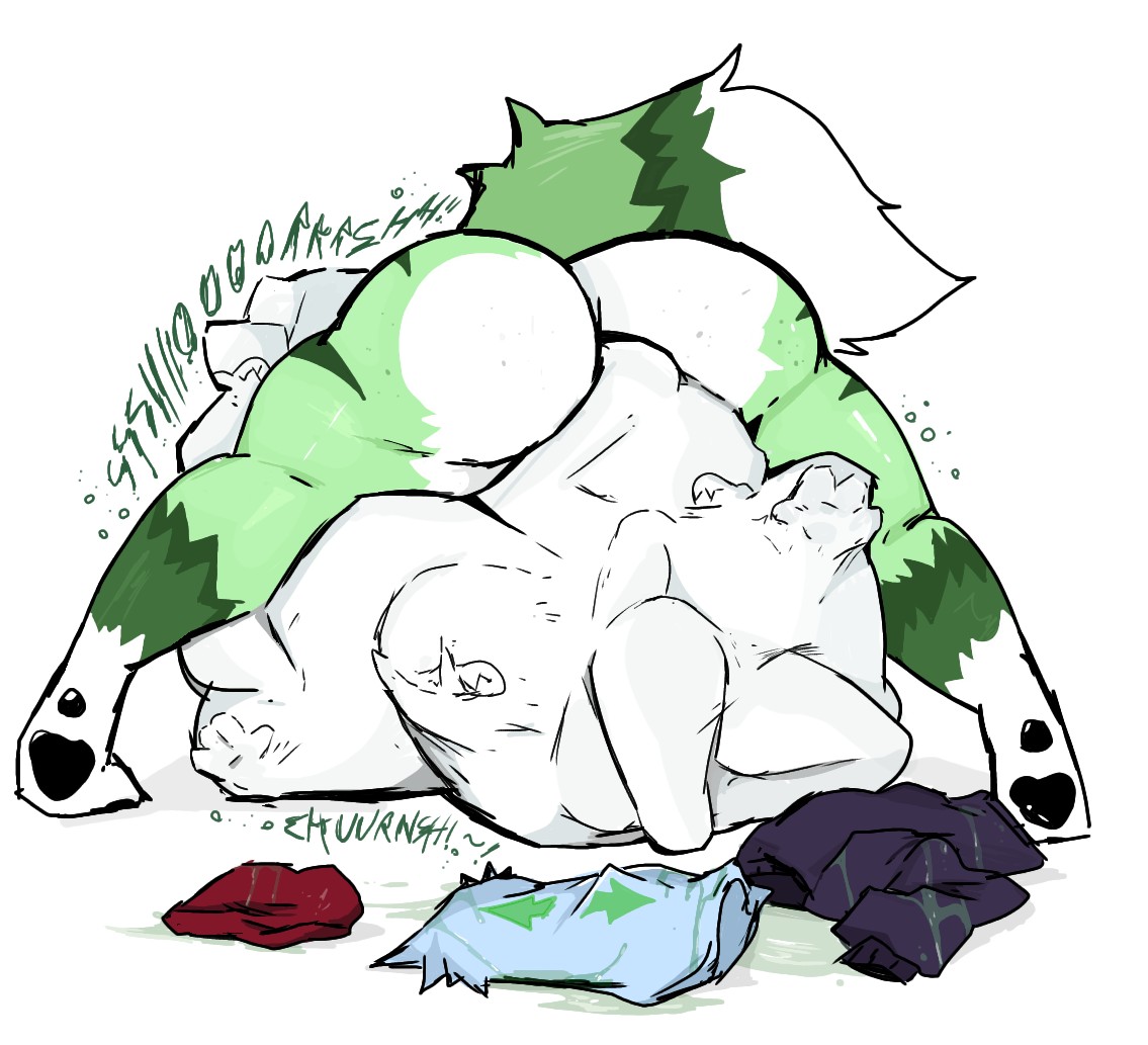 ass, back view, belly bulge, big ass, clothes on floor, digestion noises, femboy, fox, furry, green fur, huge ass, mass vore, massive ass, multiple prey, vore, vore belly, wsvshsj