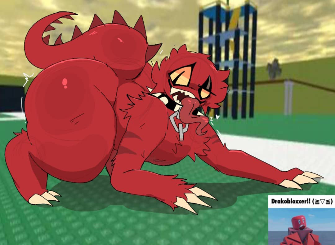 ass, ass bigger than head, clawed fingers, clawed toes, crossroads (roblox), drakobloxxer, fat ass, hair, minstlu oc, monster, open mouth, pov, rblx, red, roblox, thick, thighs, thighs bigger than head