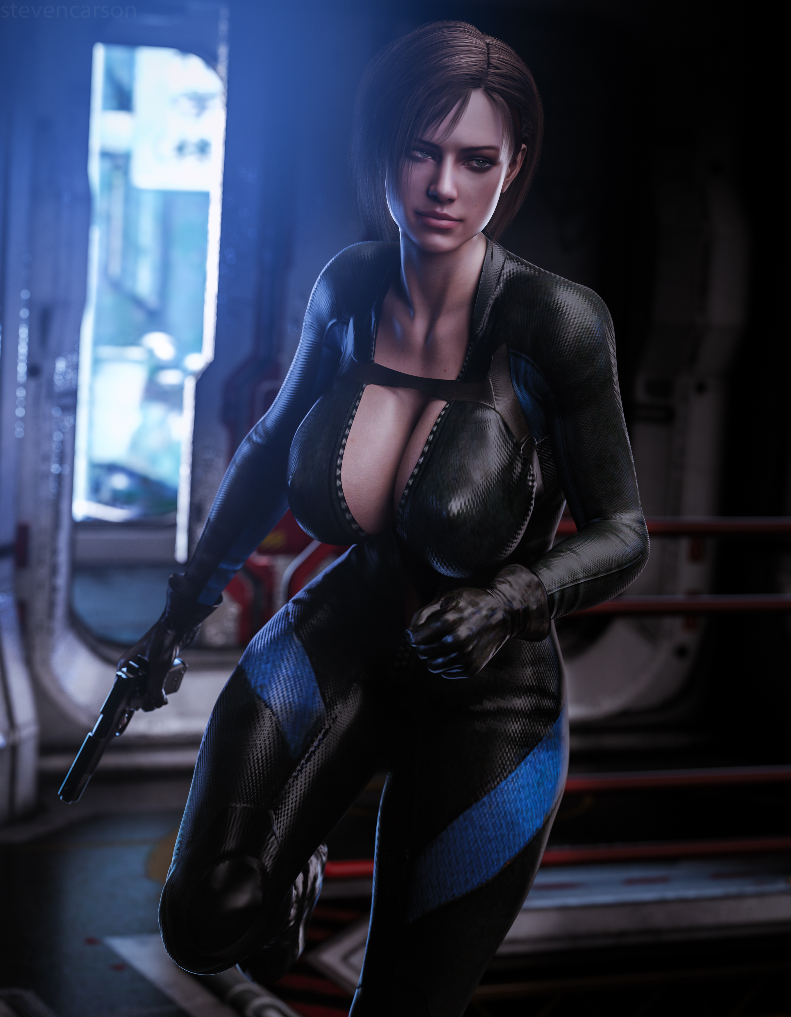 1girls, 3d, absurdres, breasts, cleavage, curvy, erect nipples, female, female only, highres, huge breasts, illusion, jill valentine, jill valentine (julia voth), light skin, light-skinned female, nipple bulge, nipples, realistic, resident evil, resident evil 3, resident evil remake, running, solo, stevencarson, thick thighs, wide hips