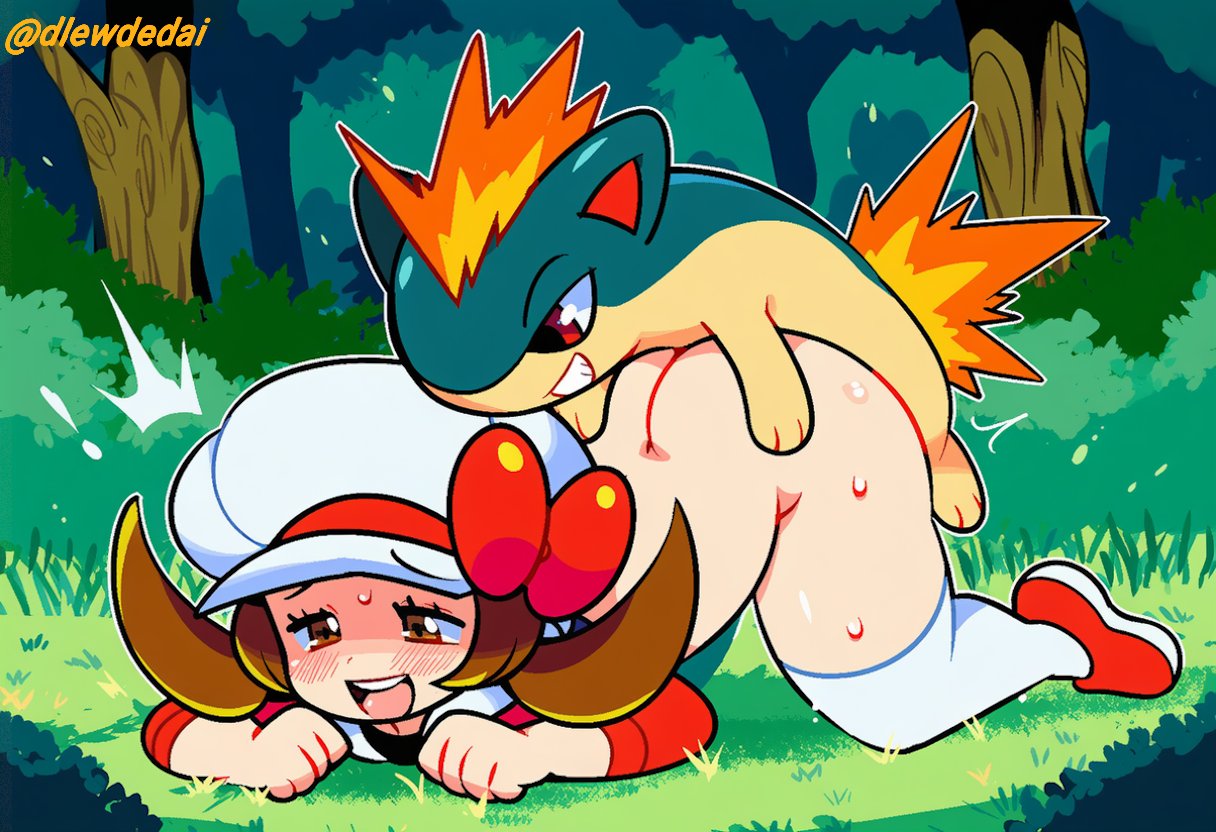 1boy, 1girls, ai assisted, ai generated, ass, dlewdedai, face down ass up, lyra (pokemon), mounting, pokemon, pokephilia, quilava