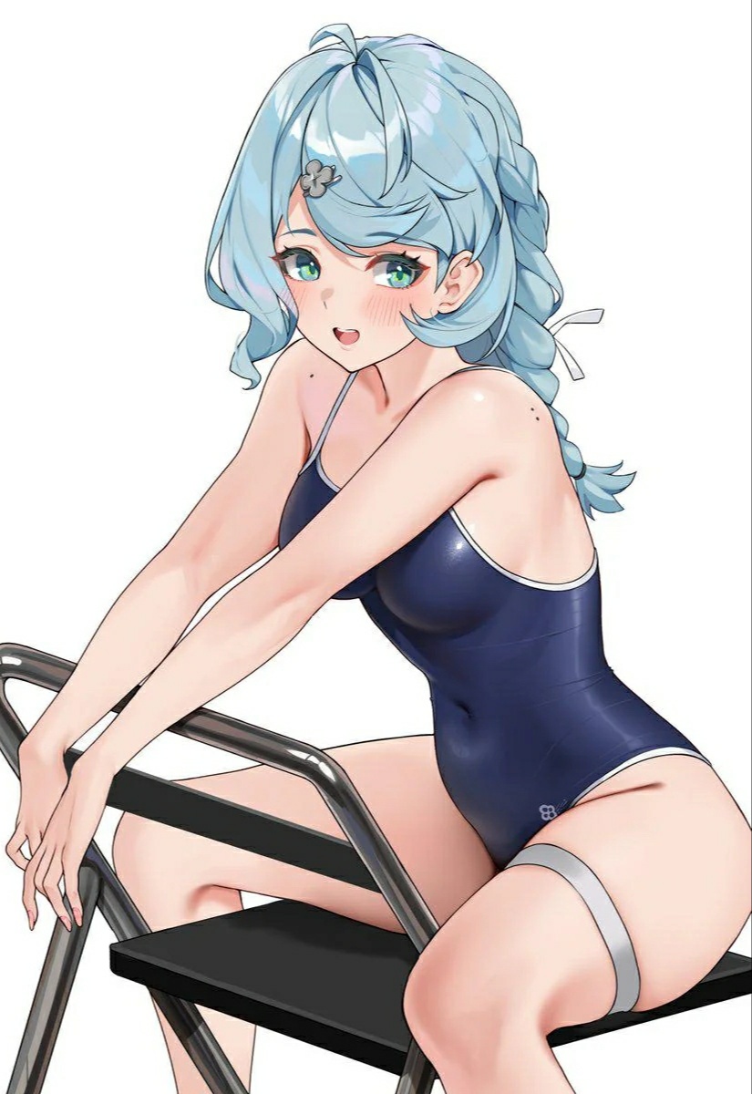 1girl, folding chair, long hair, one-piece swimsuit, school swimsuit, seed (zenless zone zero), sitting, zenless zone zero