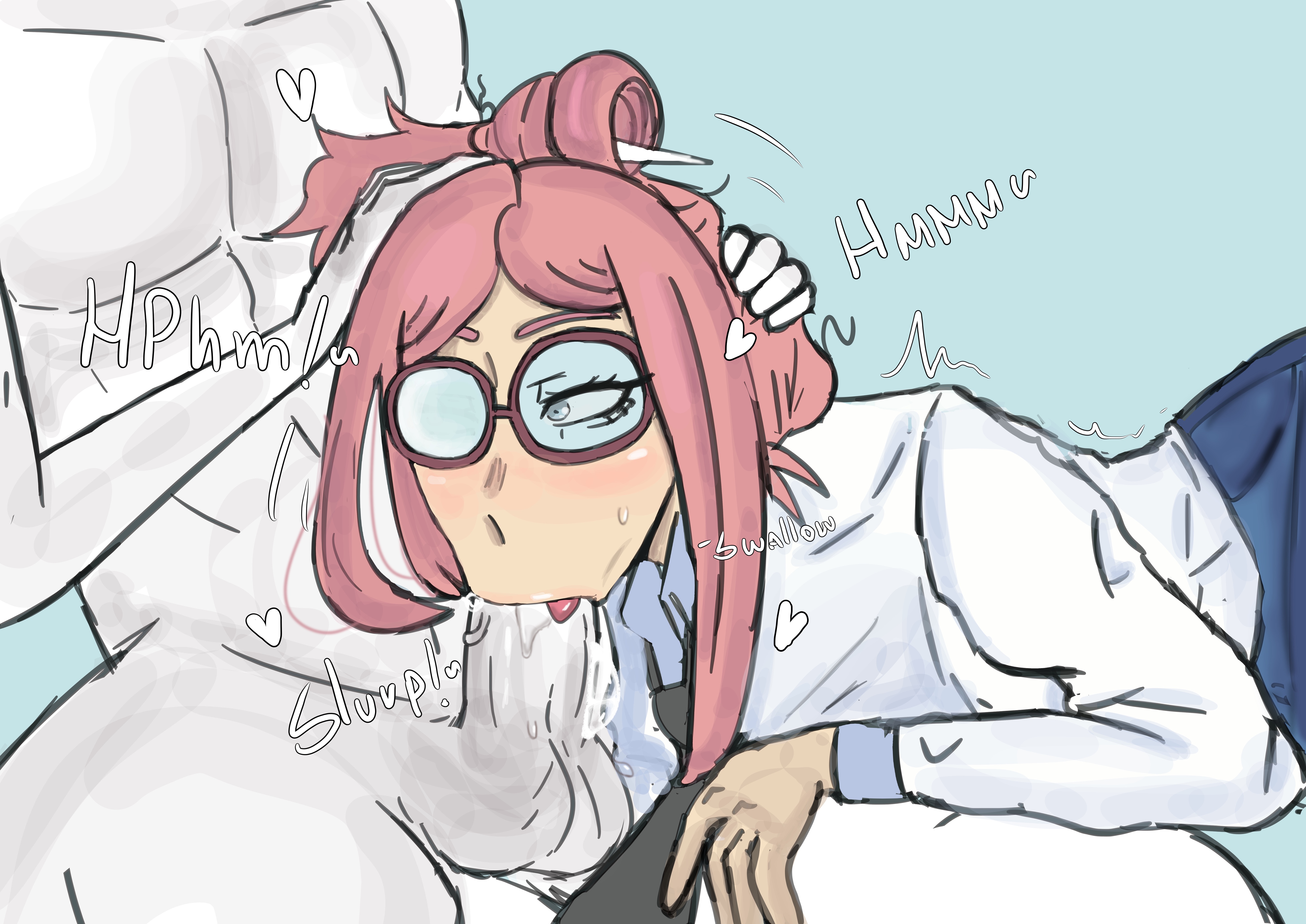 :>=, 1boy, 1boy1girl, 1girls, azazelinp, cum, cum in mouth, deepthroat, emma (x-venture), fellatio, glasses, heart symbol, laying down, male, onomatopoeia, penis, pink hair, sex, tagme, terran defenders, tie, tied hair, tongue, tongue out, tongue out fellatio, white penis, white shirt, white skin, x-venture