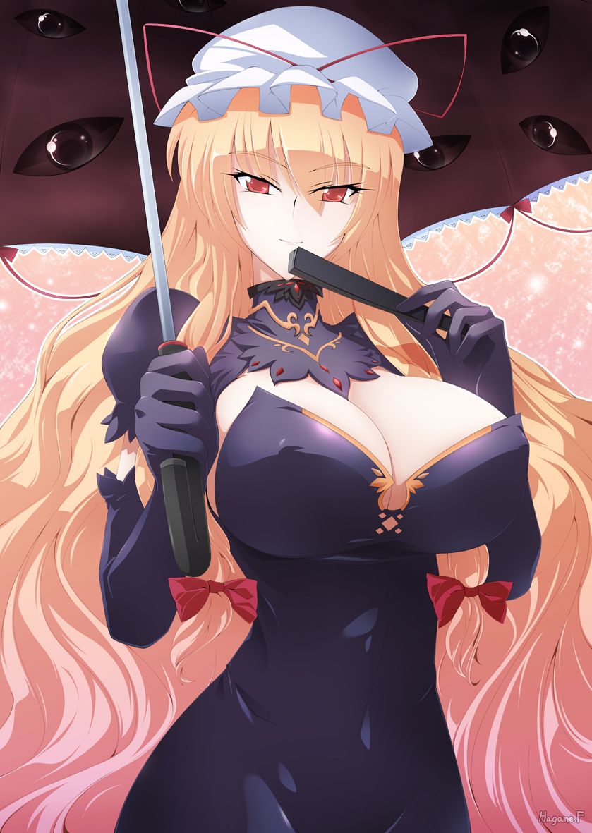ass, belly button, big breasts, breasts, cleavage, dress, fan, female, gloves, groin, haganef, hips, large breasts, long hair, nipple bulge, parasol, red eyes, ribbons, round ass, slim, tight clothing, touhou, translucent, umbrella, yukari yakumo