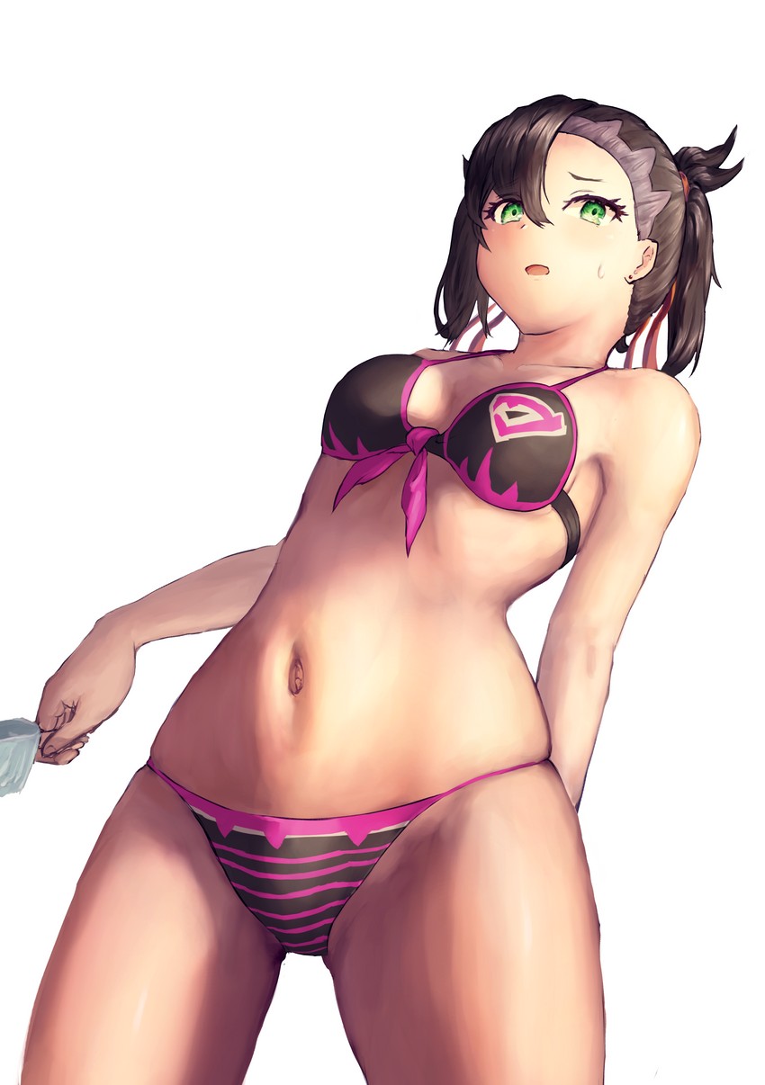 1girls, abs, absurdres, alternate outfit, asymmetrical hair, bikini, black bikini, black nails, blush, breasts, female, food, green eyes, highres, ice cream, looking at viewer, marnie (pokemon), navel, nintendo, open mouth, pokemon, pokemon ss, short hair, source request, swimsuit, taku57, thigh gap, white background