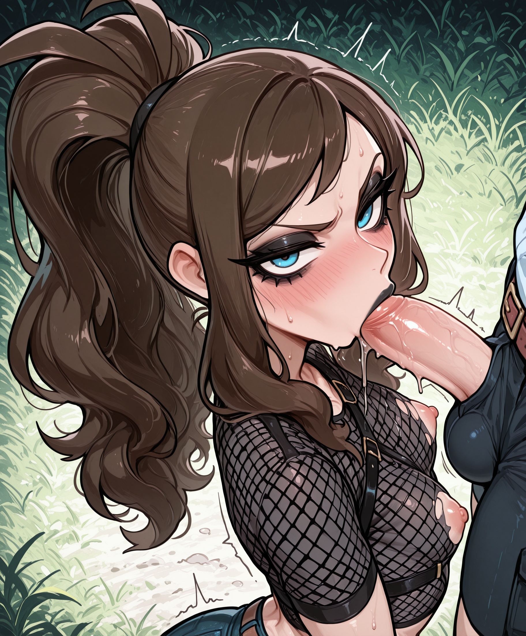 1girls, ai generated, annoyed, black eyeshadow, black lip, black lips, black lipstick, black makeup, blowjob, blowjob face, blue eyes, brown hair, bulge, bulge through clothing, bulge under clothes, femboy, femboysub, goth, goth futa, goth girl, goth makeup, gothic, gothic girl, gothified, hat, hilda (pokemon), latex, looking at viewer, partial male, penis, penis bulge, pokemon, ponytail, small breasts, small hips, small penis, sucking, sucking penis, velfur (artist), wavy hair