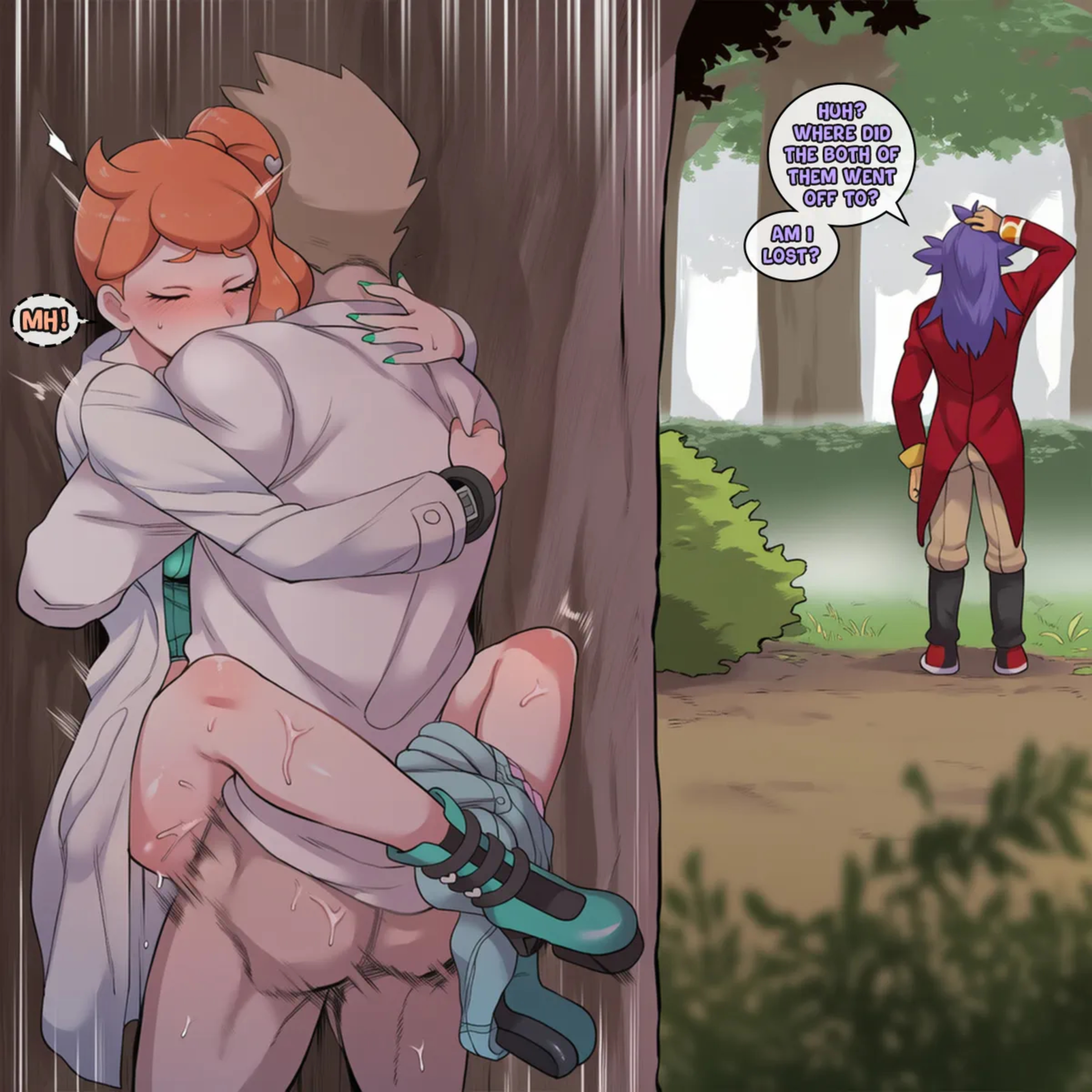 1boy, 1girls, 2boys, against surface, against tree, ai generated, alternate costume, arms around partner, blush, carrying, carrying partner, cheating, closed eyes, confused, cum drip, cum on body, forest, green nails, hugging another, lab coat, leg lock, legs around partner, legs held up, leon (pokemon), looking back, lost, mh!, nail polish, netorare, official alternate costume, older male and younger female, orange hair, penetration, pokemon, pokemon ss, professor oak, purple hair, red coat, samuel oak, sex, solo focus, sonia (pokemon), speech bubble, standing sex, sweat, tailcoat, text, tree, white coat