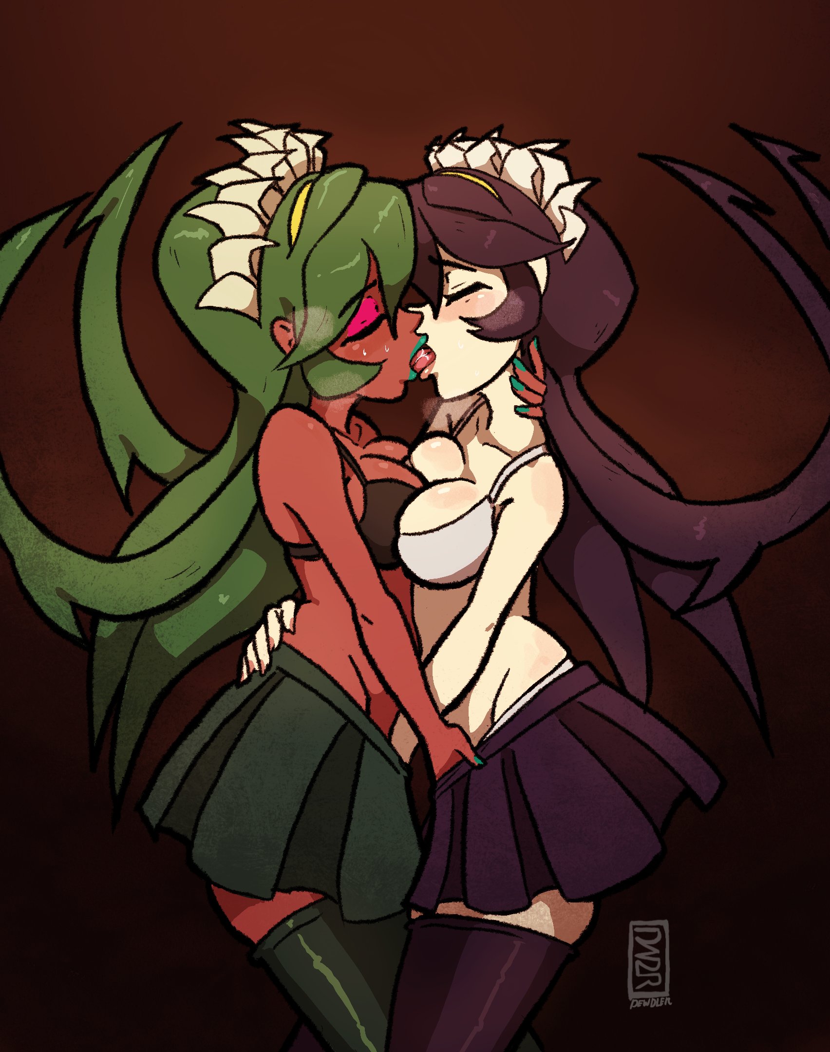 2d, 2girls, black hair, blush, bra, dark skin, dark-skinned female, dewdler, female only, female/female, filia (skullgirls), french kiss, french kissing, fukua (skullgirls), green hair, kiss, kissing, lesbian kiss, light skin, light-skinned female, lipstick, long hair, makeup, panties, samson (skullgirls), shamone (skullgirls), skirt, skullgirls, tagme, thick thighs, thighhighs, thighs, yuri