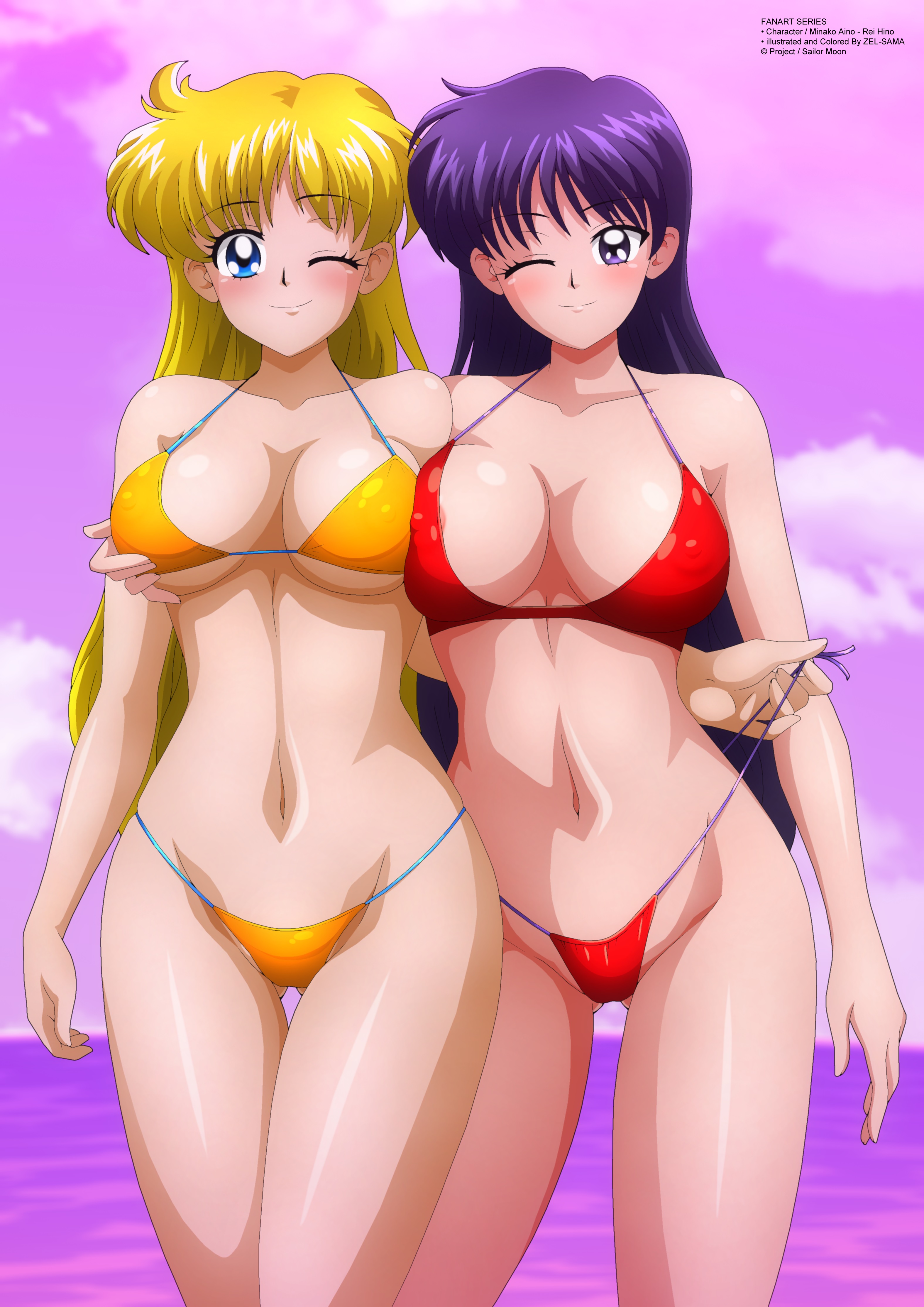 2020, 2girls, areola slip, big breasts, bikini, bikini pull, bishoujo senshi sailor moon, blonde hair, blonde-haired female, blue eyes, breast press, breast squeeze, breasts, erect nipples under clothes, female, female only, large breasts, minako aino, nipples, purple eyes, purple hair, purple-haired female, rei hino, small breasts, swimsuit, wink, yuri, zel-sama