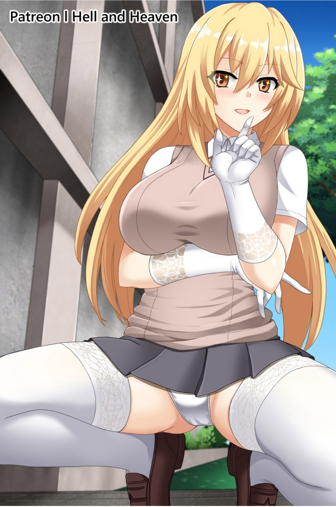1girls, bald, big breasts, blonde hair, breasts, brown eyes, female, female only, gloves, hellandheaven, long hair, panties, public indecency, school uniform, schoolgirl, shokuhou misaki, skirt, smile, solo, solo female, solo focus, sparkling eyes, stockings, teenage female, teenager, to aru kagaku no railgun, to aru majutsu no index, tokiwadai school uniform, under skirt, variant set, white panties, young