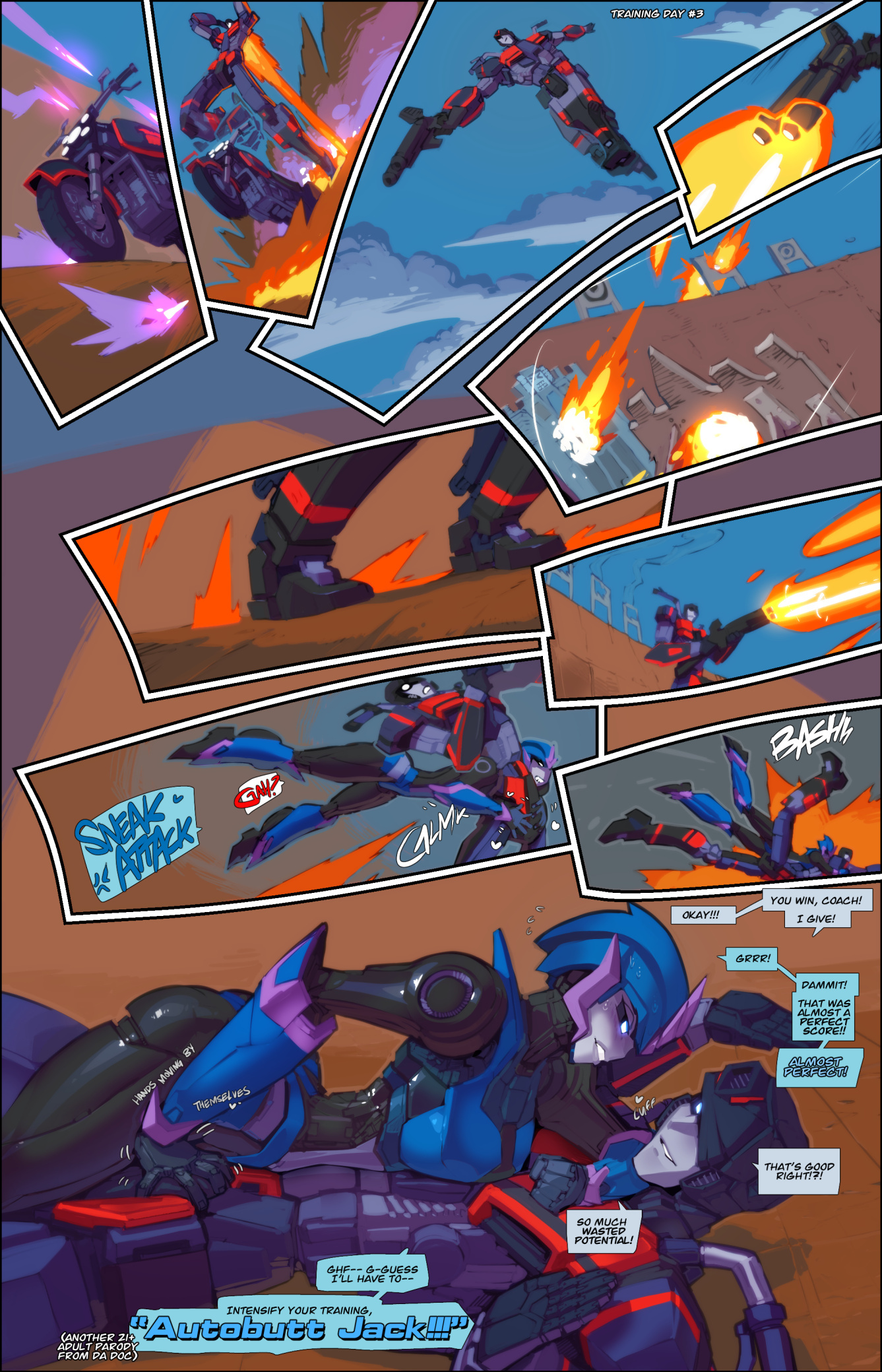 1boy, 1girls, arcee, arcee (prime), bare arms, bare legs, bare shoulders, bare thighs, big breasts, blush, clanker, clothed, clothing, color, comic, english text, female, fred perry, hi res, jack darby, large breasts, male, male/female, page 2, robot, robot boy, robot girl, robot humanoid, robot joints, robotic arm, standing, text, text bubble, thick thighs, train, transformers, transformers prime