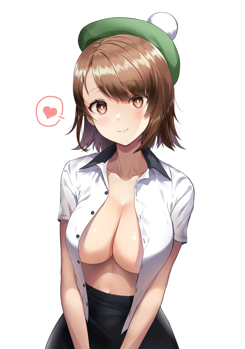 1girls aged_up alternate_breast_size alternate_outfit bangs big_breasts black_skirt blush blushing breasts brown_eyes brown_hair cleavage covered_nipples covering cute cute_expression cute_eyes cute_face dress_shirt eye_contact female female_only gloria_(pokemon) greem_bang hat heart huge_breasts human human_only large_breasts looking_at_viewer nintendo open_shirt pokemon pokemon_ss pov pov_eye_contact shirt_open shirt_unbuttoned short_hair skirt smile smiling smiling_at_viewer solo solo_female spoken_heart unbuttoned unbuttoned_shirt white_background white_shirt wholesome