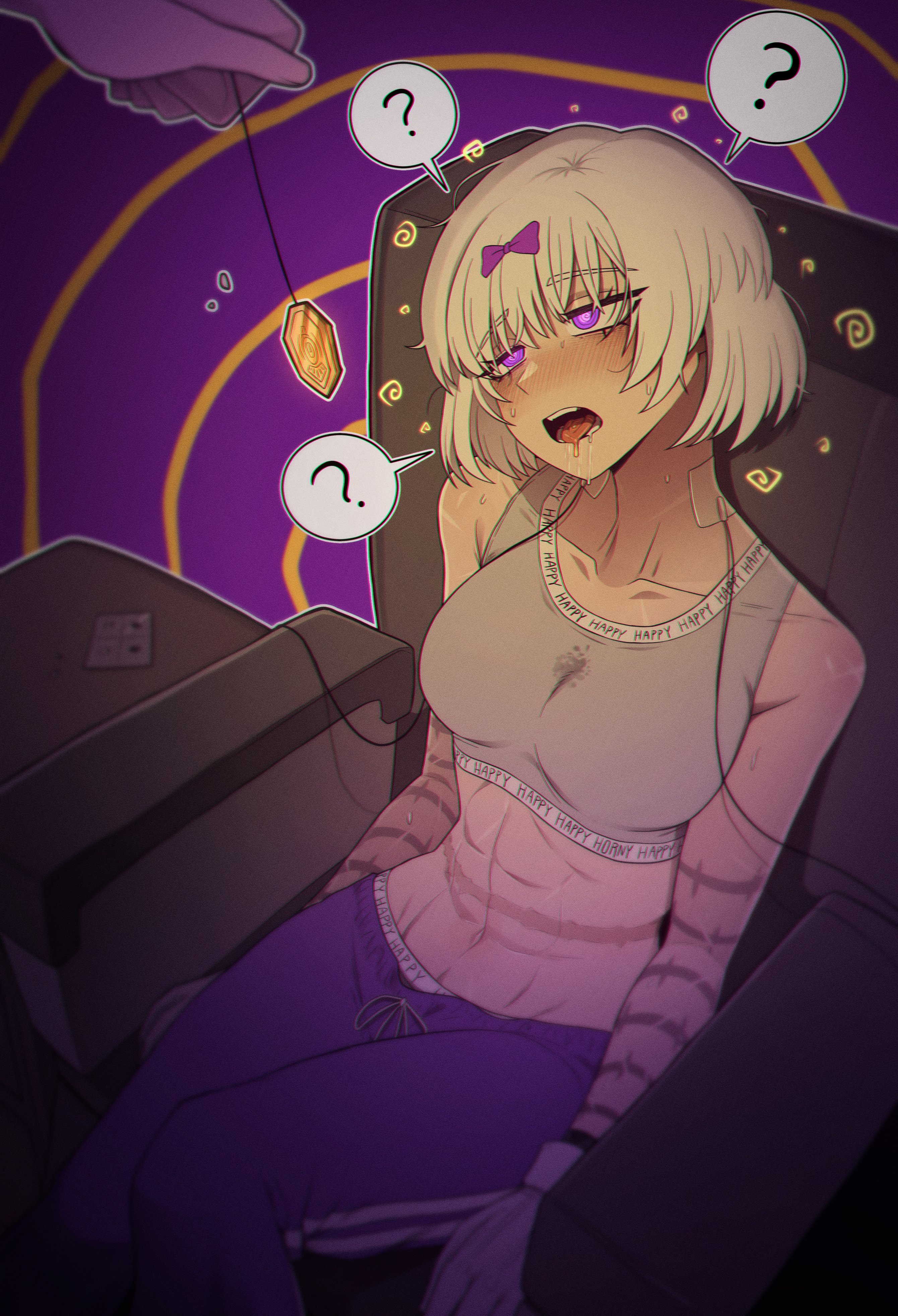 abs, bare shoulders, blush, bow, bra, breasts, coin, collarbone, confused, dazed, drool, drool on breasts, electricity, femsub, gloves, glowing eyes, gym clothes, hypnosis, kira (limbus company), limbus company, maledom, midriff, mind control, misg1111, open mouth, pendulum, project moon, purple eyes, scars, short hair, sitting, spiral, spiral eyes, sports bra, sweat, sweaty, sweaty body, the middle (identity) (project moon), the middle (project moon), tongue out, track pants, white hair
