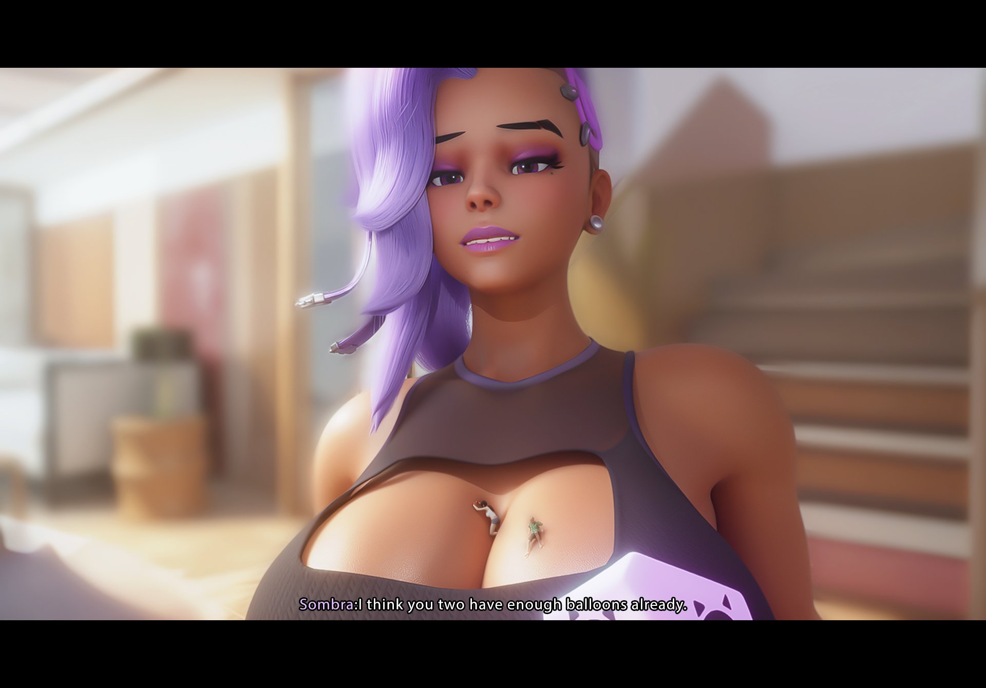1girls, 3d, 3d render, big breasts, boob window, boobs, breasts, cleavage, cleavage window, giantess, hispanic female, huge breasts, krieginax, latina, lipstick, massive breasts, overwatch, overwatch 2, pretty face, scrag boy (model), scrag sombra, sexy clothing, shrunken female, shrunken male, shrunken person, sombra, sombra (overwatch 2 suit), text