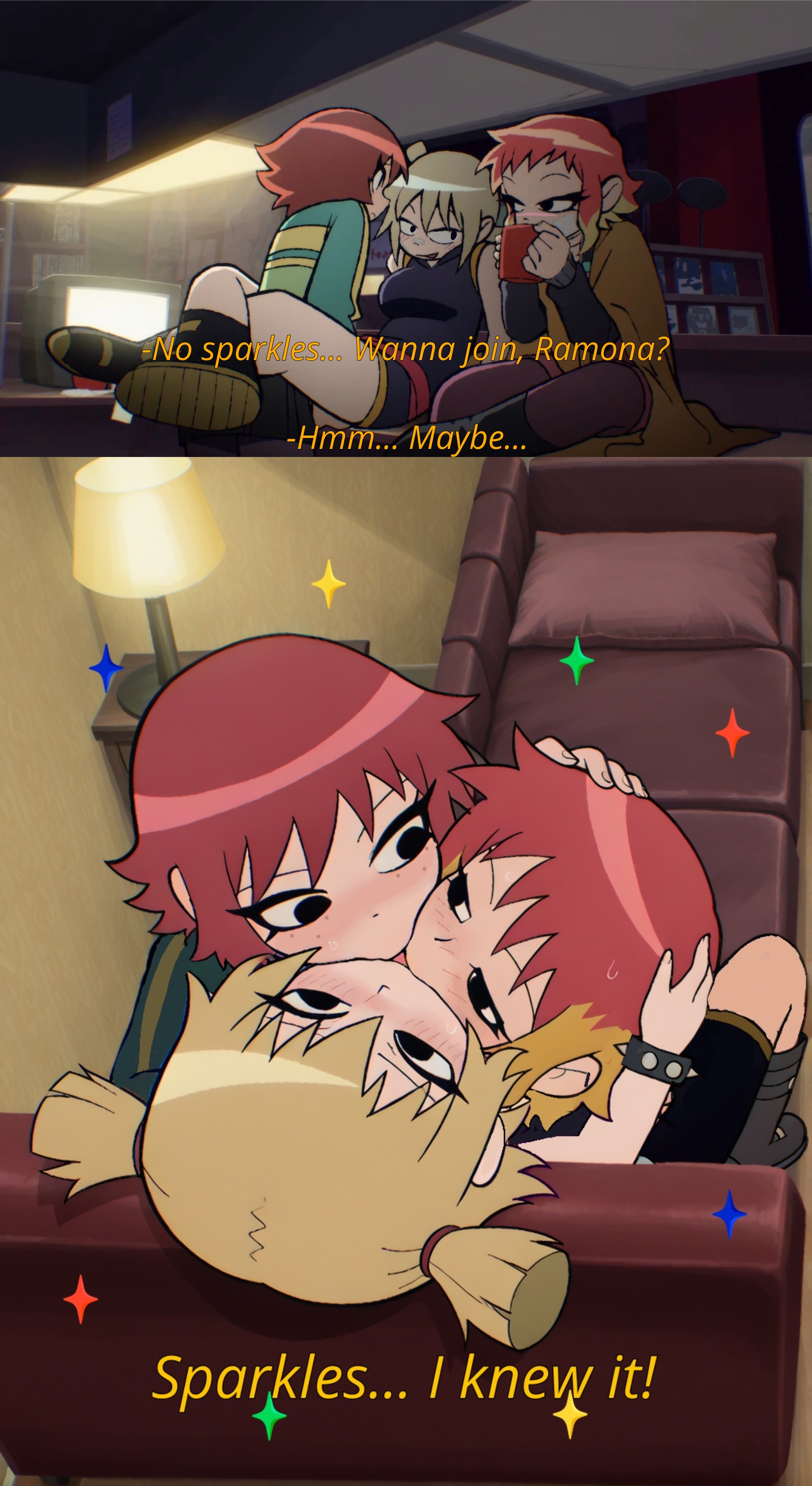 3girls, artist request, auburn hair, blonde hair, dyed hair, female, female only, fff threesome, group kiss, group kissing, kim pine, kissing, leg lock, legs around partner, legs around waist, legs wrapped around partner, legs wrapped around waist, lesbian kiss, lesbian threesome, multiple girls, neon hair, ramona flowers, roxanne richter, scott pilgrim, scott pilgrim takes off, threesome, threeway kiss, tongue kiss, trio, triple kiss, yuri