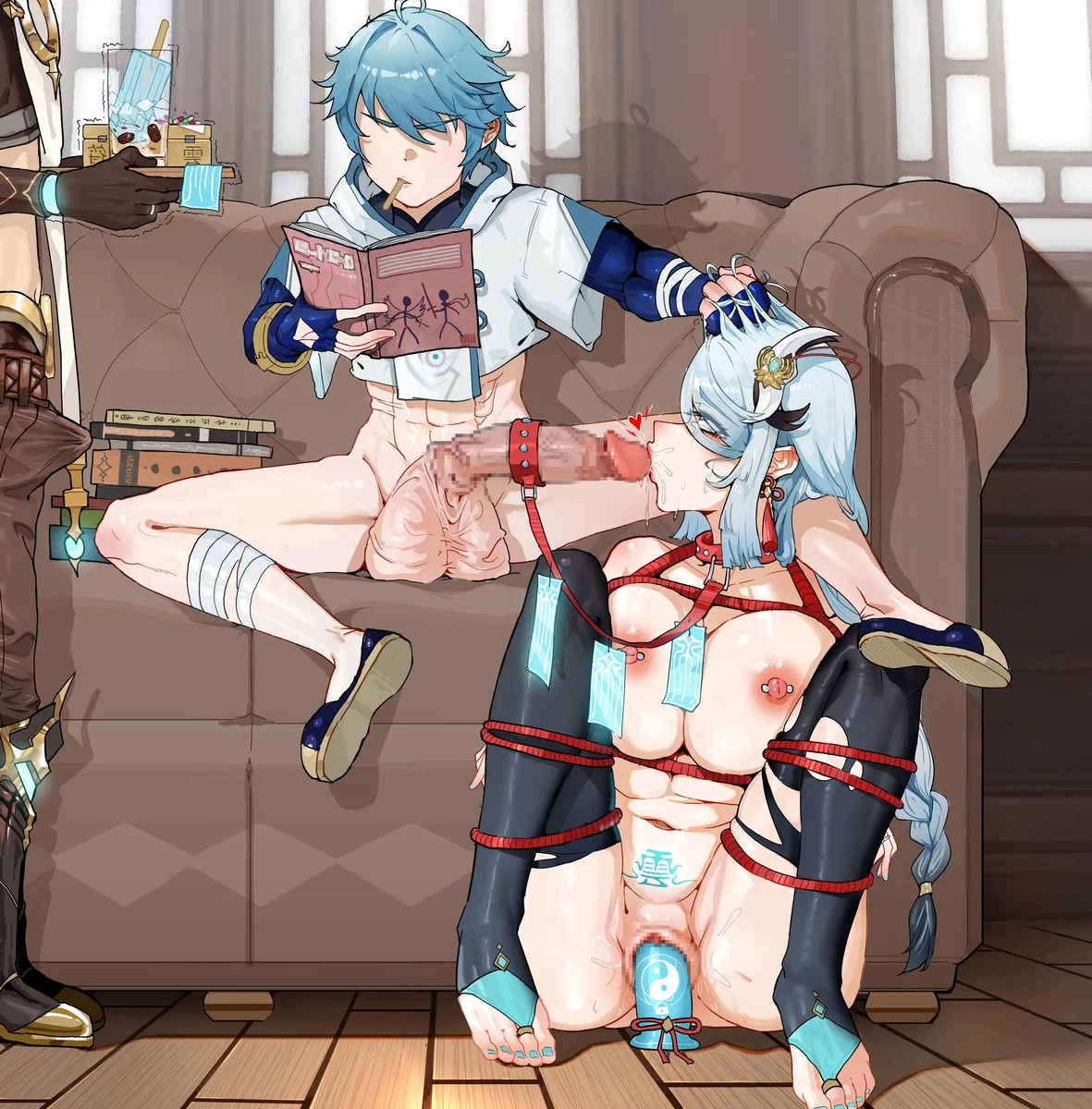 1boy, 1girl, 2boys, absurdres, aether (genshin impact), ahegao, aunt and nephew, blowjob, blue hair, bondage, book, cheating wife, chongyun (genshin impact), cum drip, genshin impact, haat, highres, hvvt, incest, netorare, reading while fucking, red rope, shenhe, shenhe (genshin impact), simultaneous penetration, yi zhi ai xi