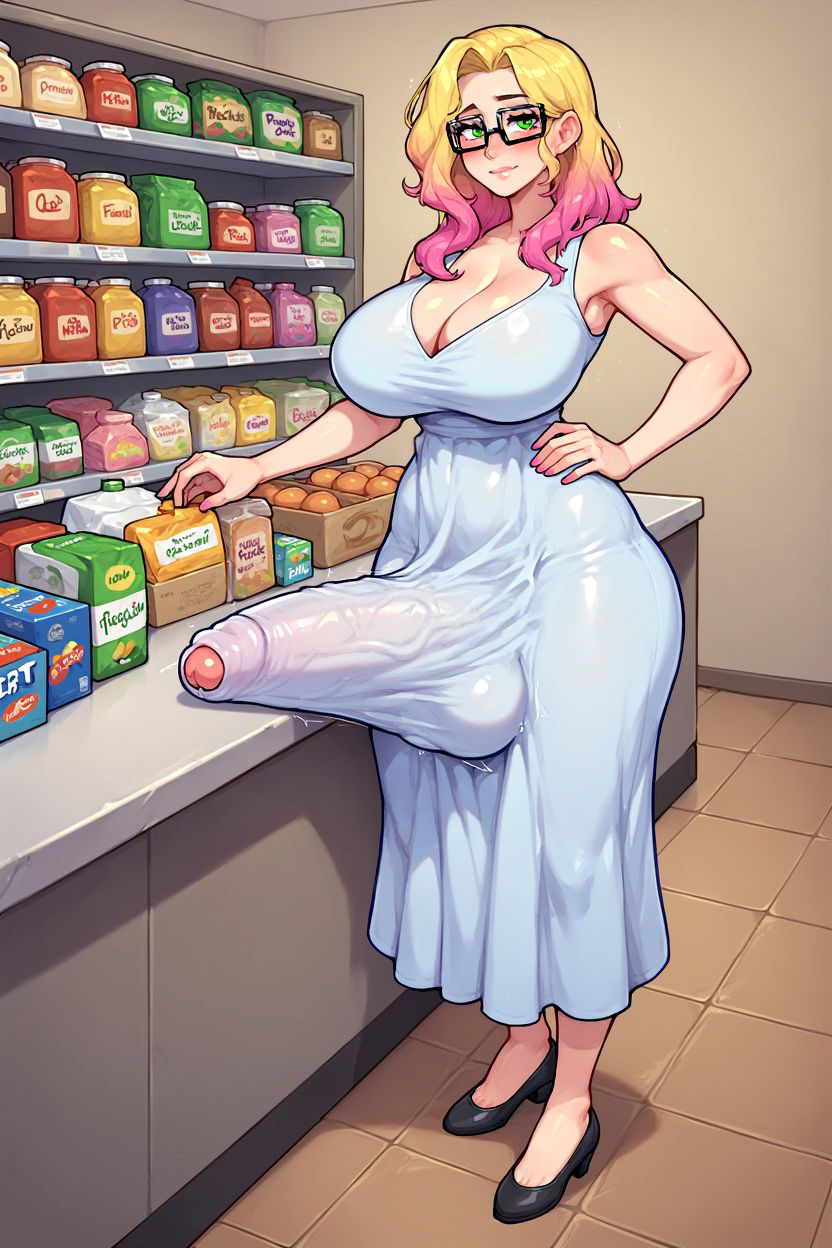 ai generated, ai slop, armpits, balls, ballsack, blonde hair, breasts, breasts bigger than head, cleavage, cock, covered breasts, enormous penis, erection, erection under clothes, fat cock, flaccid, flaccid penis, futa cock, futa is bigger, futa only, futanari, glans, glasses, green eyes, hand on hip, hips, huge balls, huge breasts, huge cock, huge hips, huge testicles, long hair, looking at viewer, penis, penis bulge, penis under clothes, poking out, slim waist, snapperai, testicles, veiny penis, voluptuous, voluptuous body, voluptuous futa, wide hips