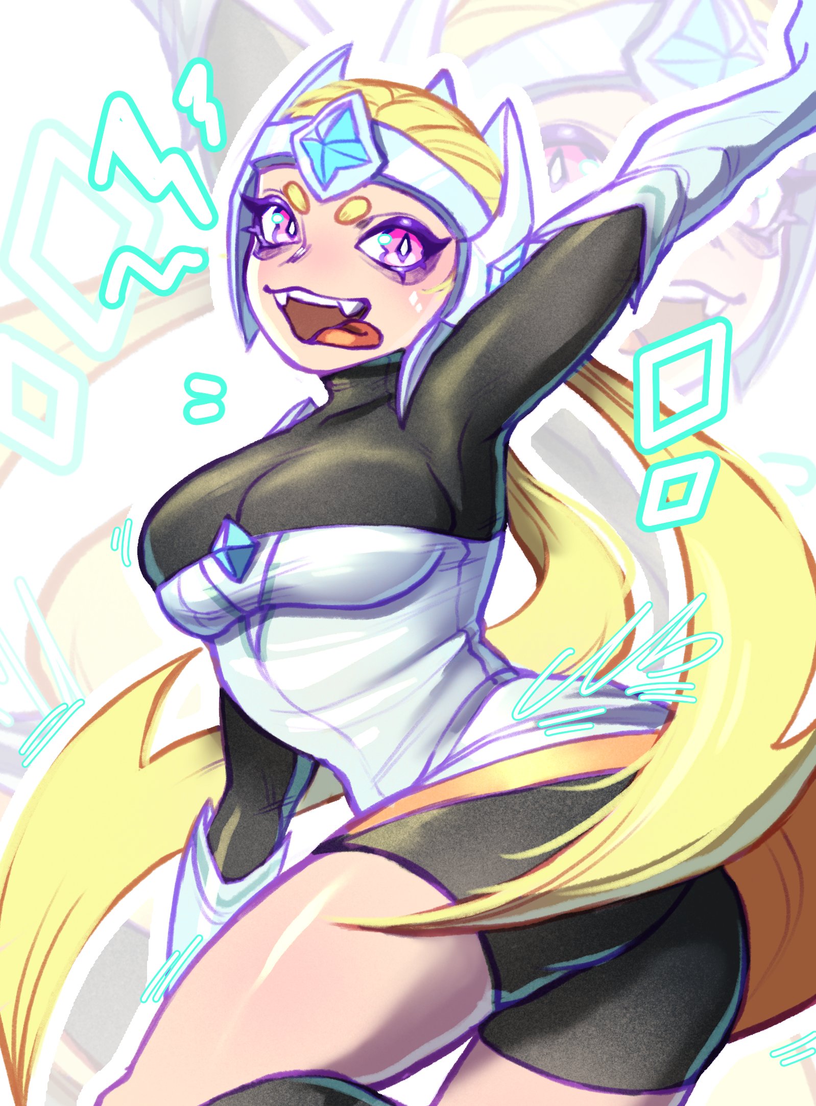 1girls, black shorts, blonde female, blonde hair, brawl stars, clothed, clothed female, female, female focus, female only, fully clothed, light skin, light-skinned female, medium breasts, miniskirt, north string, pink eyes, shorts, skirt, solo, solo female, starr nova (brawl stars), topwear